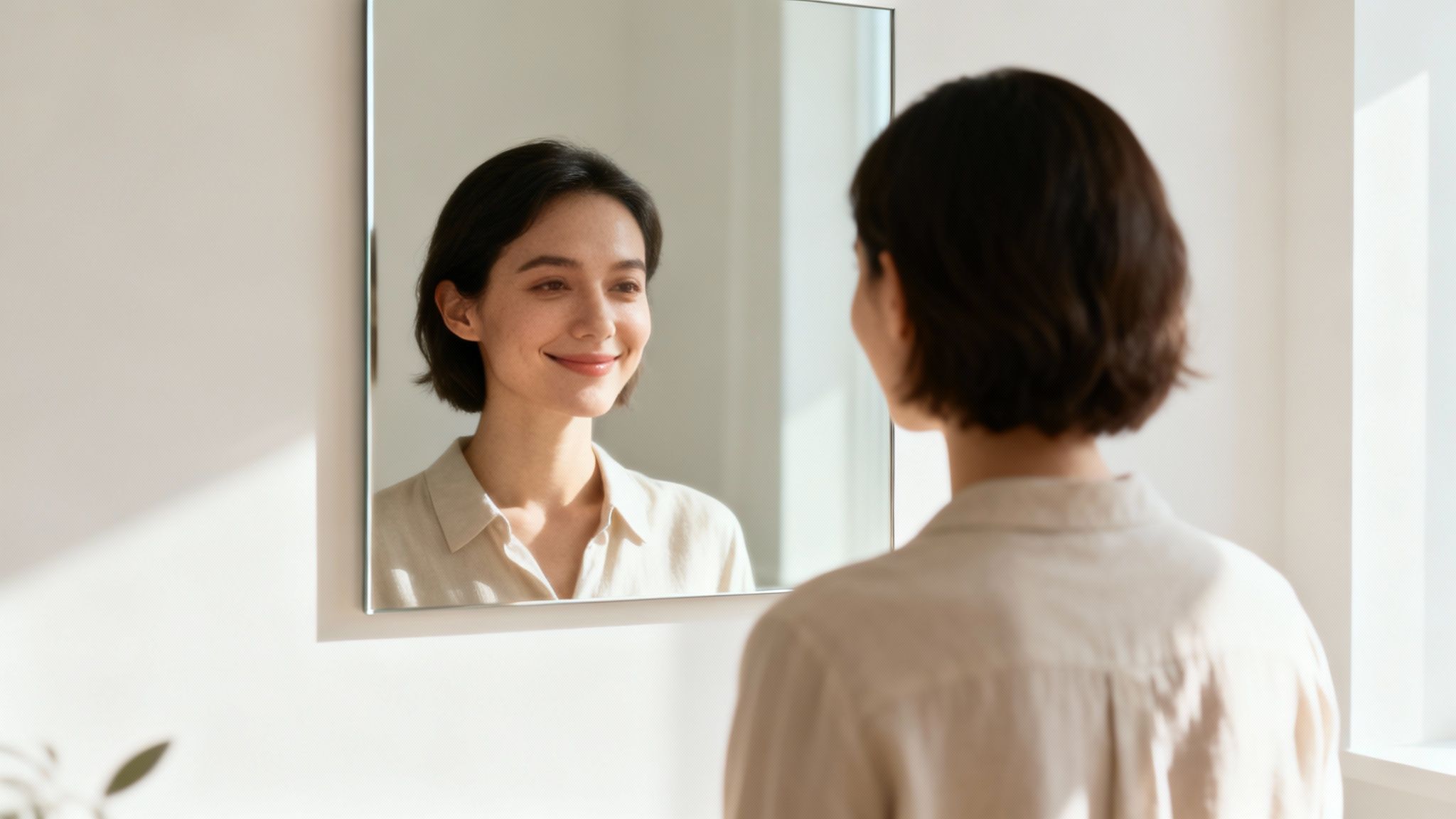 A young woman with short dark hair smiles warmly at her reflection in a reflection in a mirror.