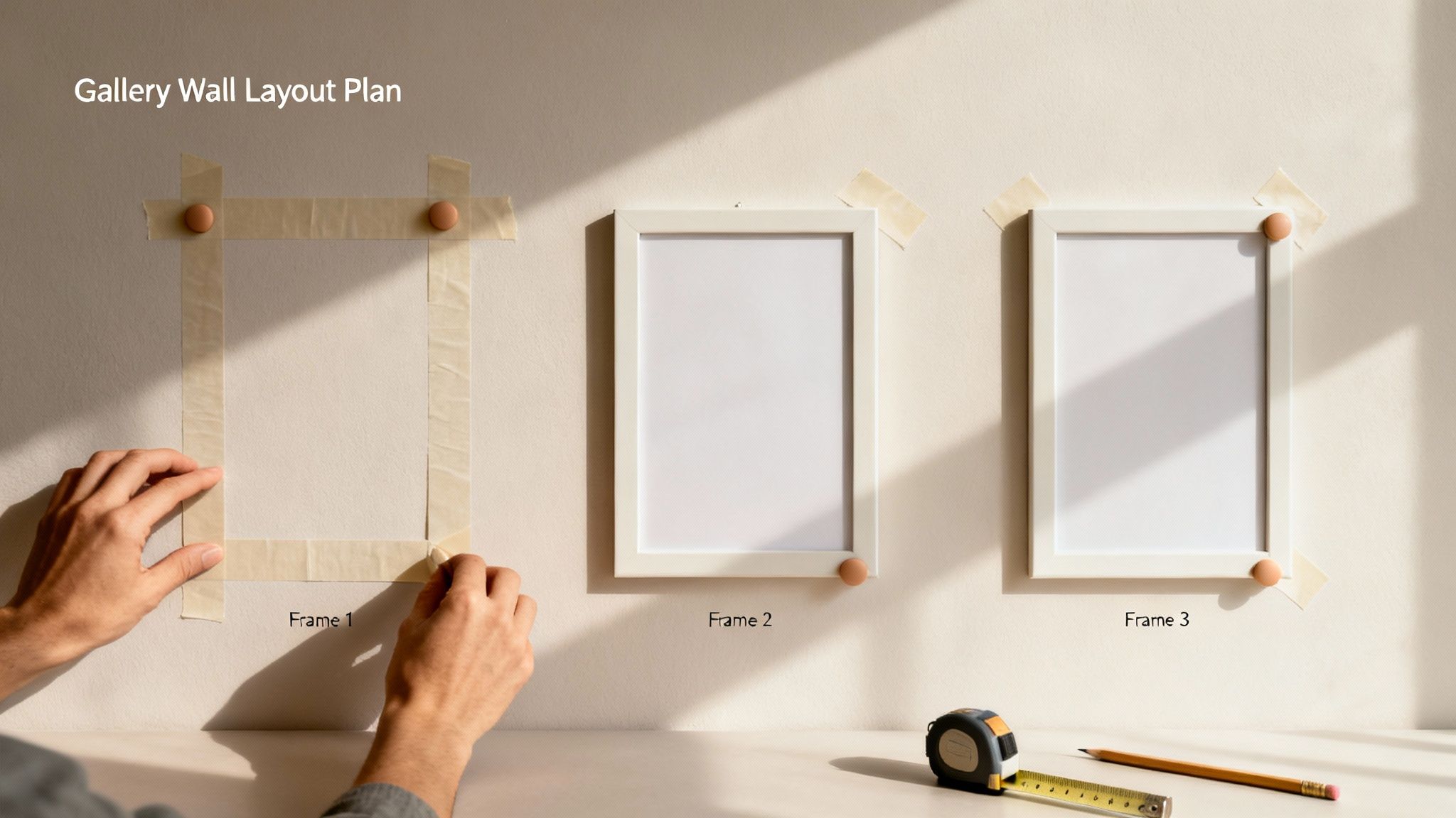 Person uses painter's tape to plan a gallery wall layout with empty picture frames.