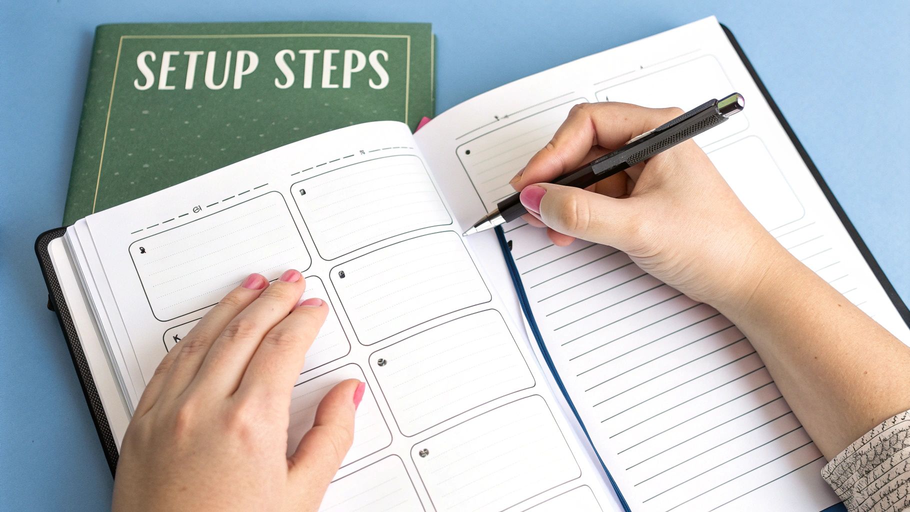 A person setting up a productivity journal with various tools like pens and rulers.