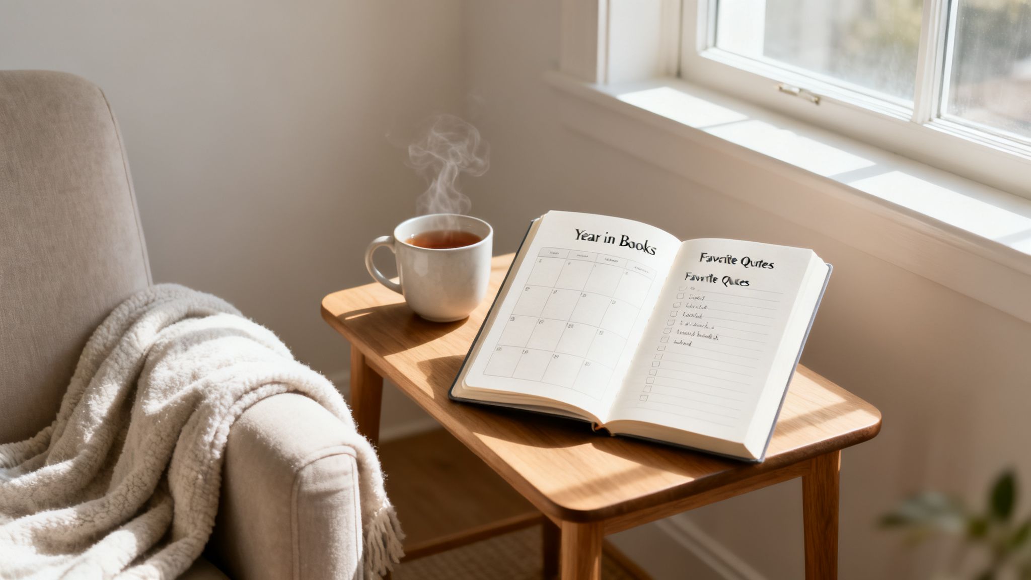 Cozy reading nook with an open 'Year in Books' journal, steaming tea, and a blanket-draped armchair in sunlight.