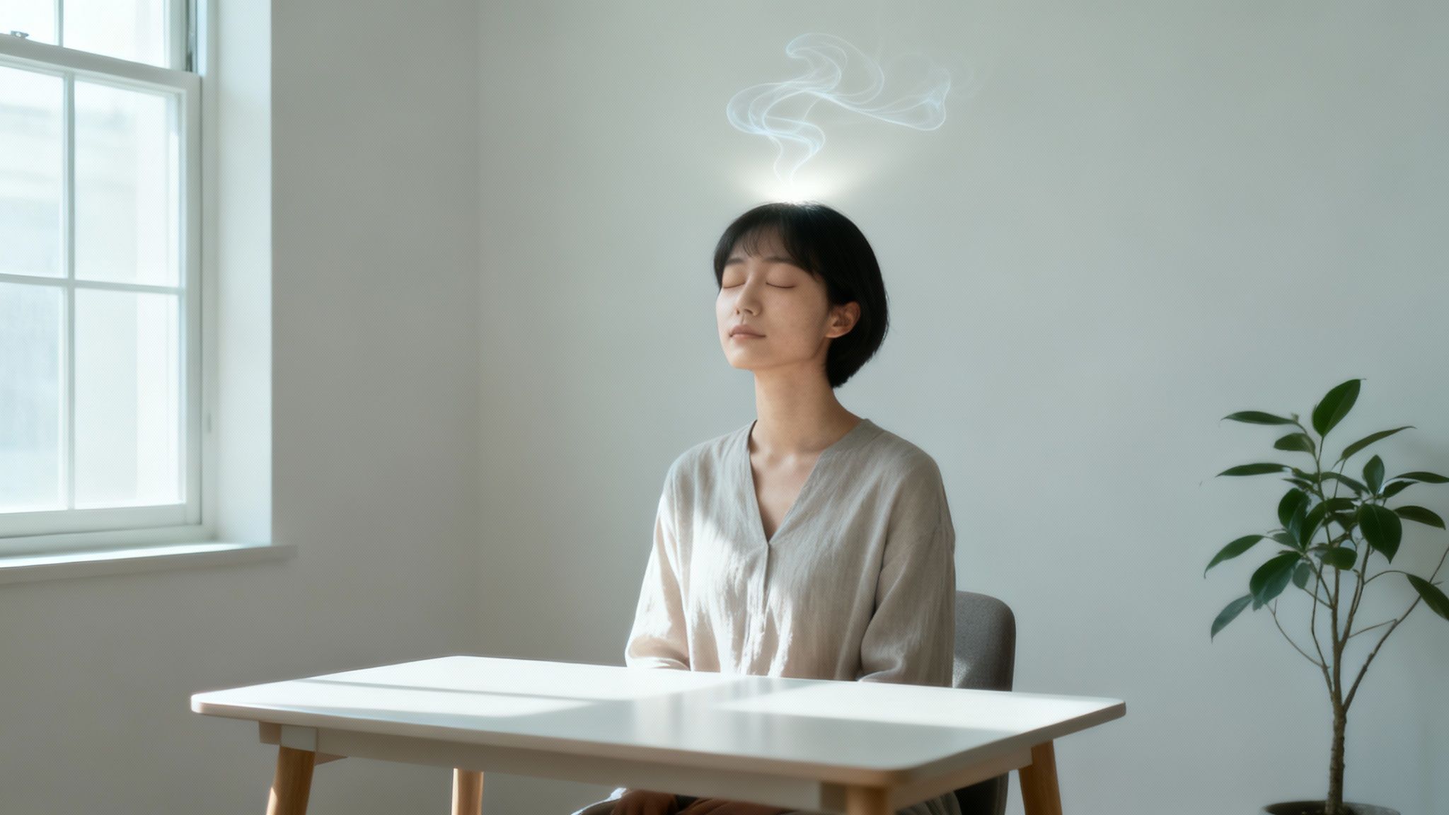Woman with closed eyes meditating peacefully at minimalist desk in bright room