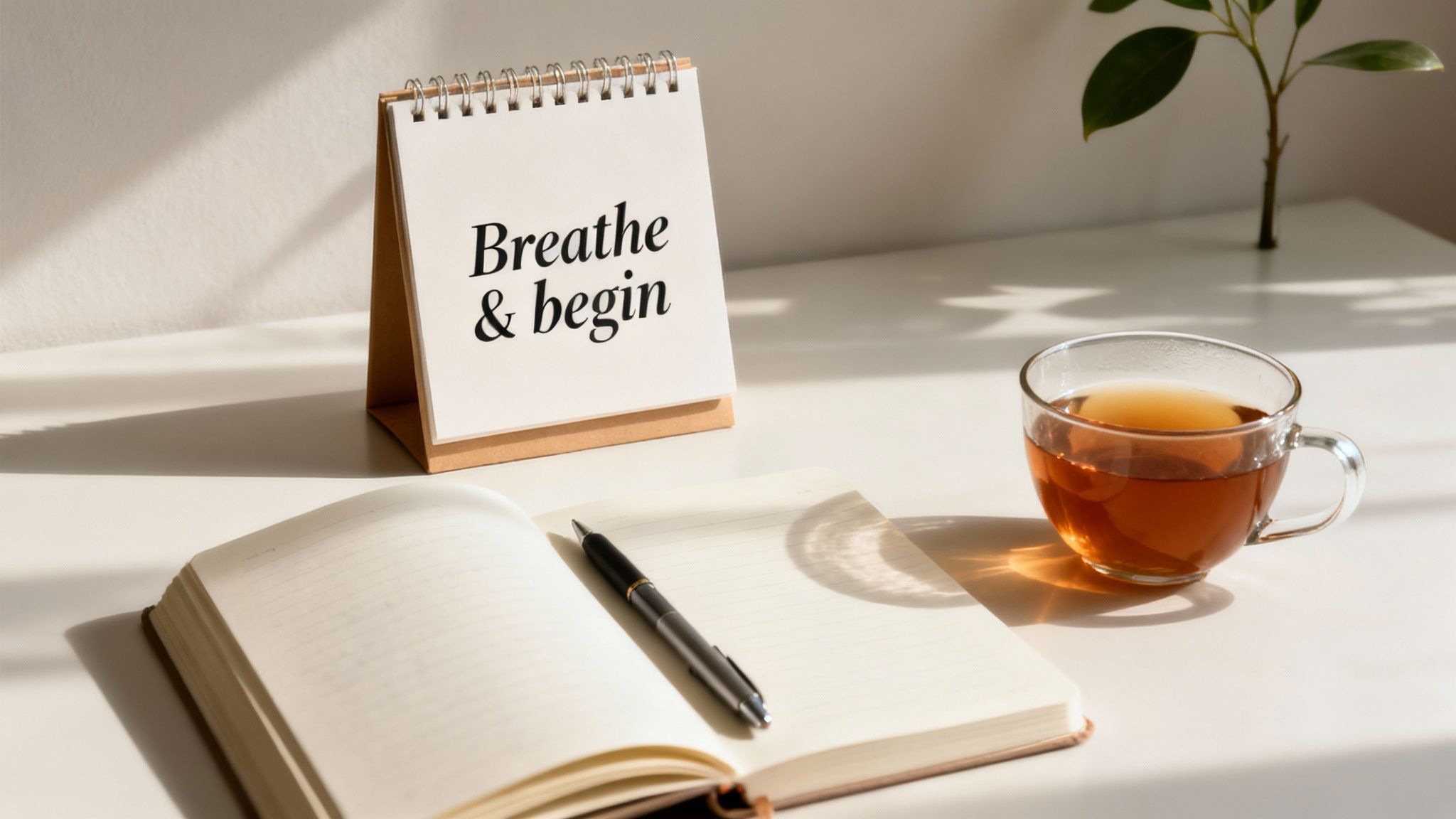 A desk with an inspirational calendar displaying 'Breathe & begin', an open notebook, pen, tea, and a plant.