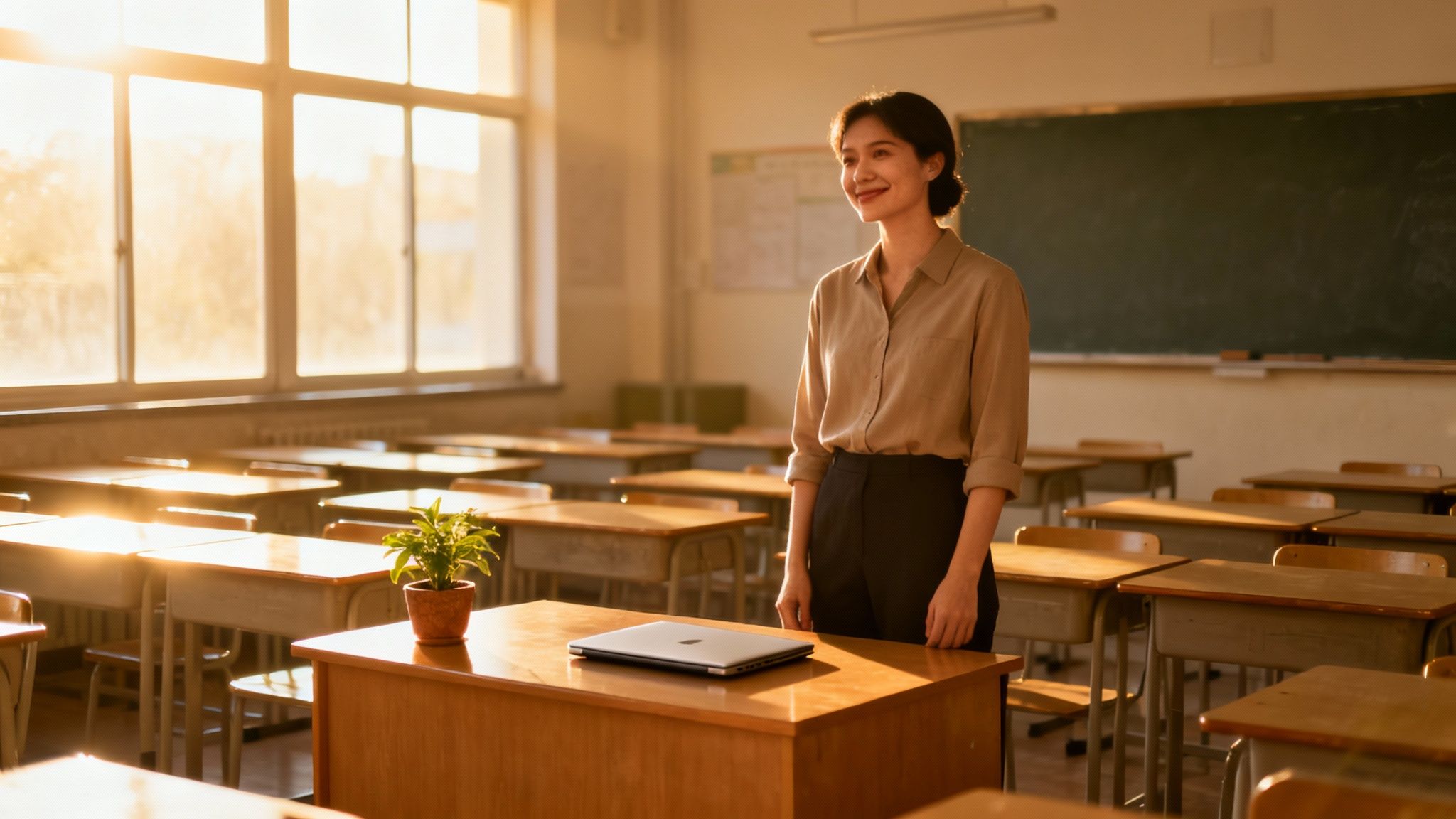 A teacher smiles in a sun-drenched classroom with a laptop and potted plant on her desk.