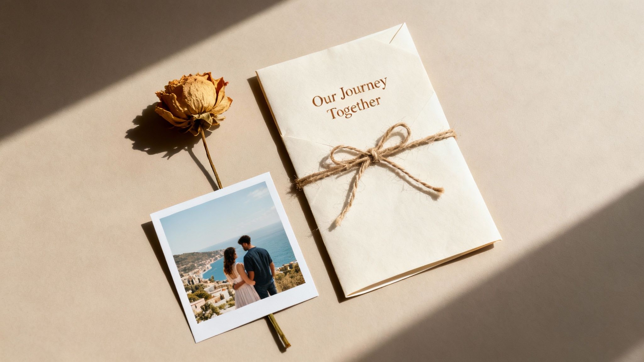 Romantic flat lay with a dried rose, couple's photo, and an 'Our Journey Together' envelope on a beige surface.