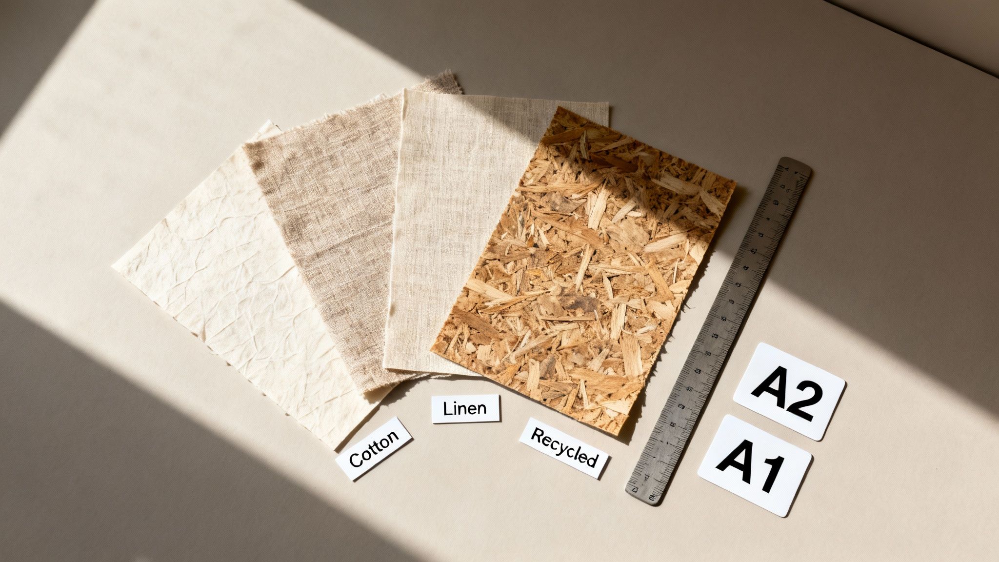Sustainable material flat lay featuring cotton, linen fabrics, recycled wood, a ruler, and labels.
