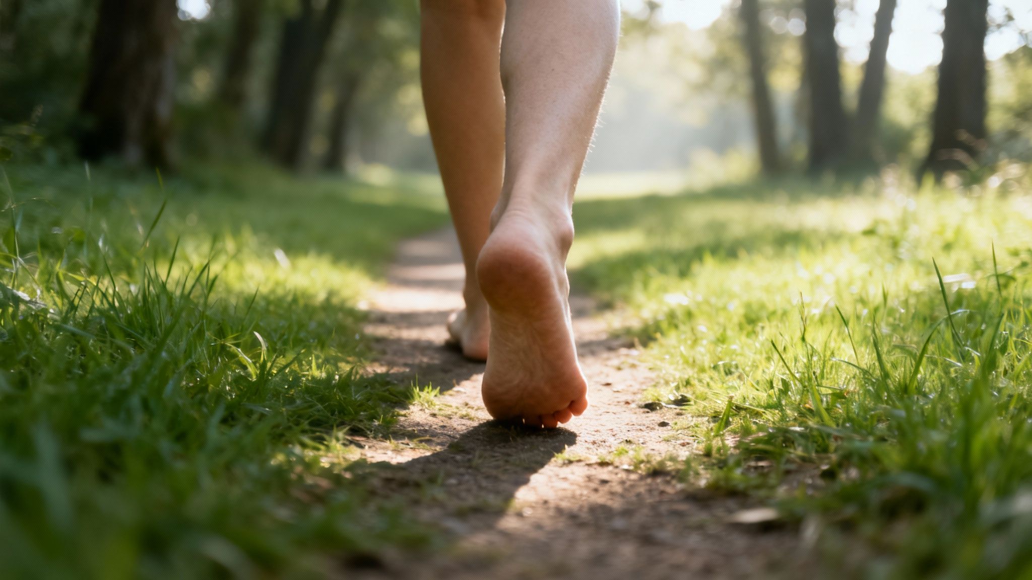 A person walks barefoot on a sunlit dirt path through lush green grass in a forest.