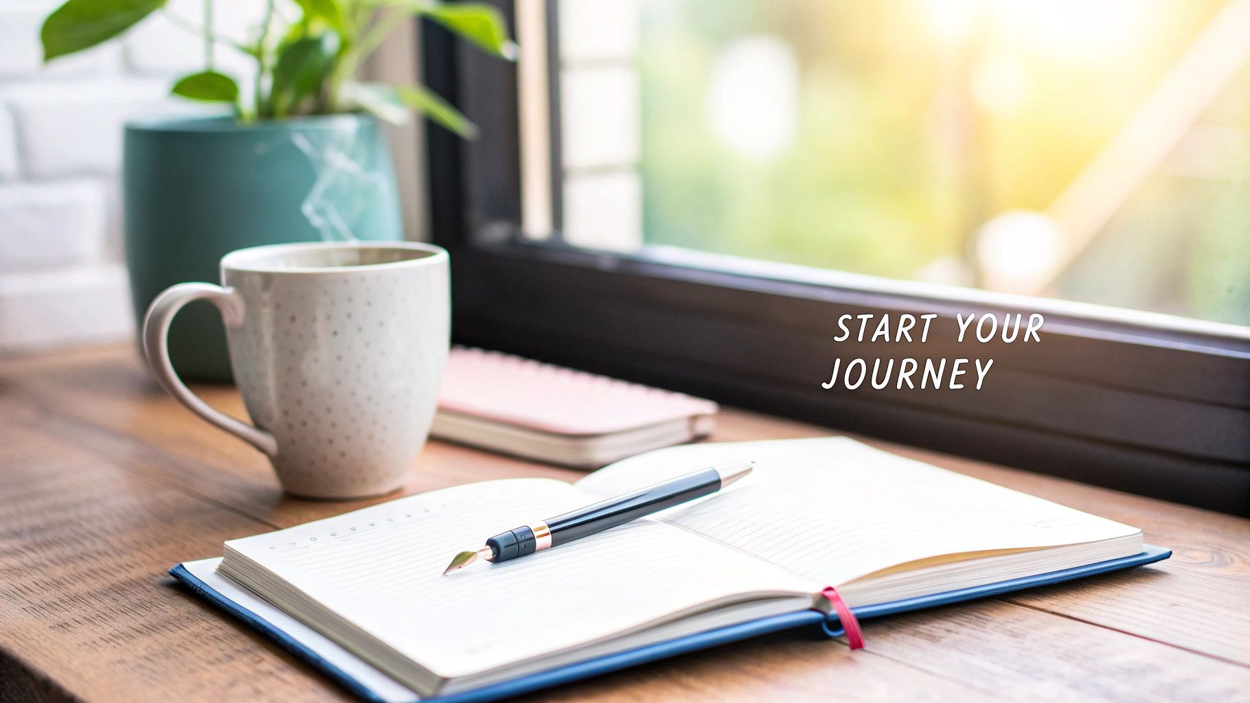 A person writing in a wellness journal with a cup of tea nearby.