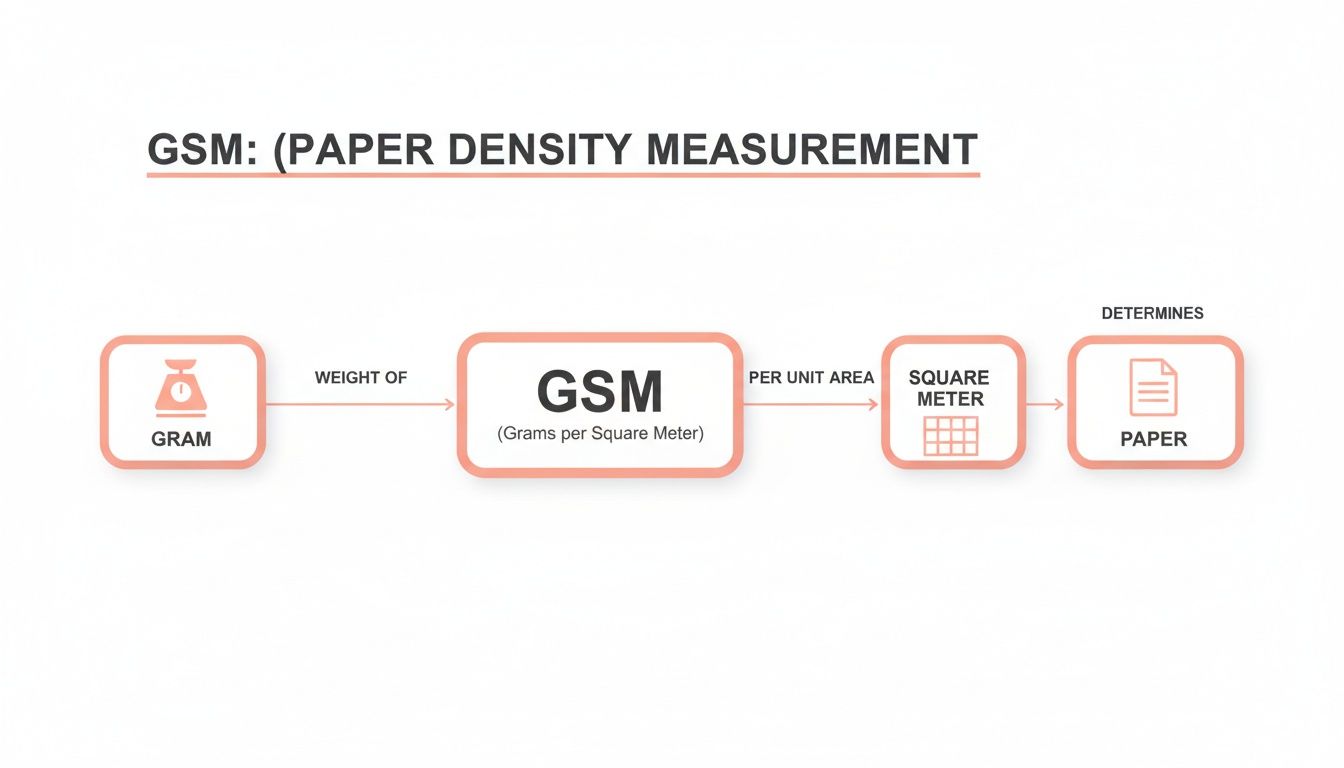 Flowchart illustrating GSM as Grams per Square Meter, defining paper density measurement using weight and area.