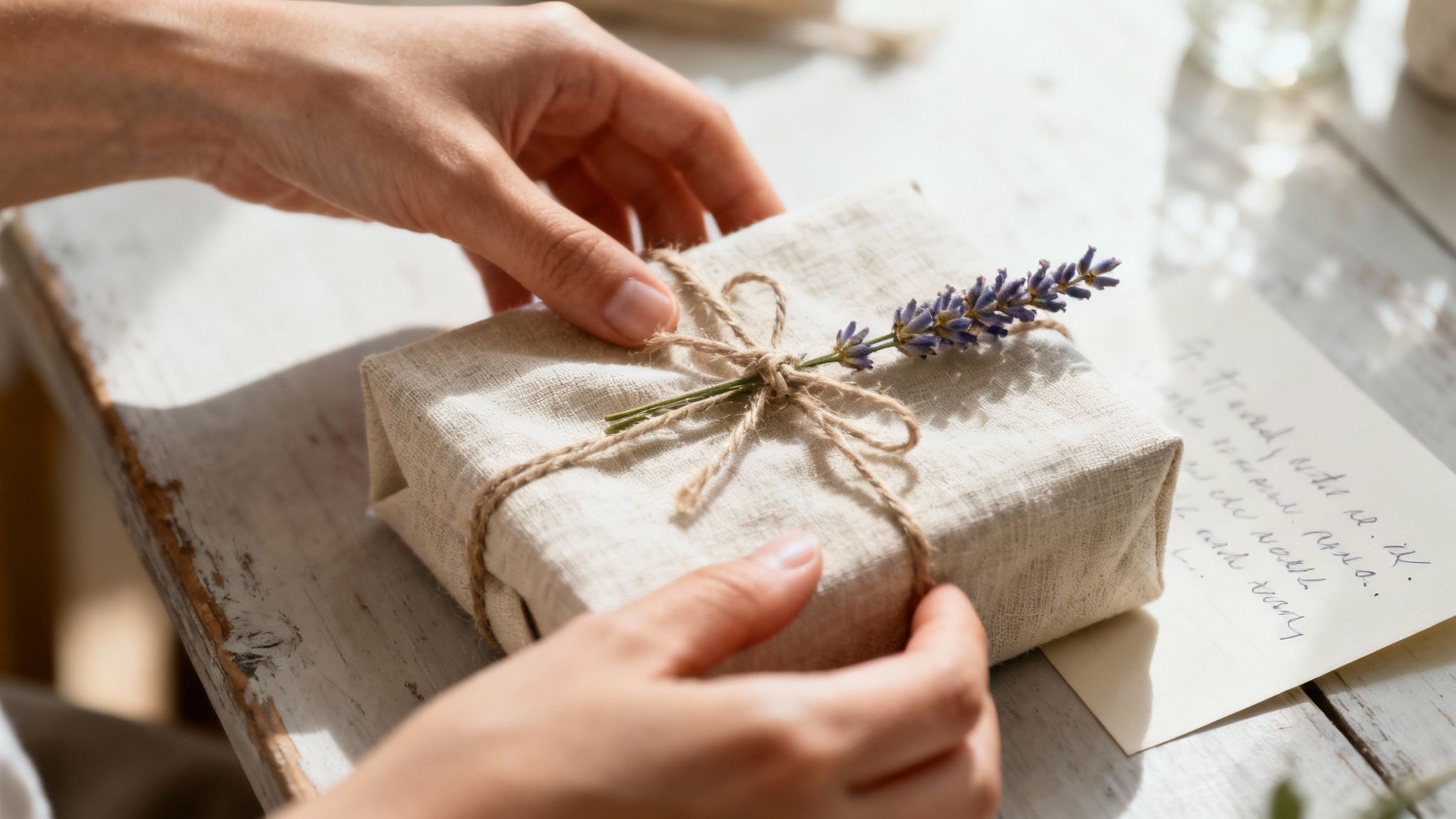 Hands tying twine bow on natural linen wrapped gift adorned with lavender sprigs