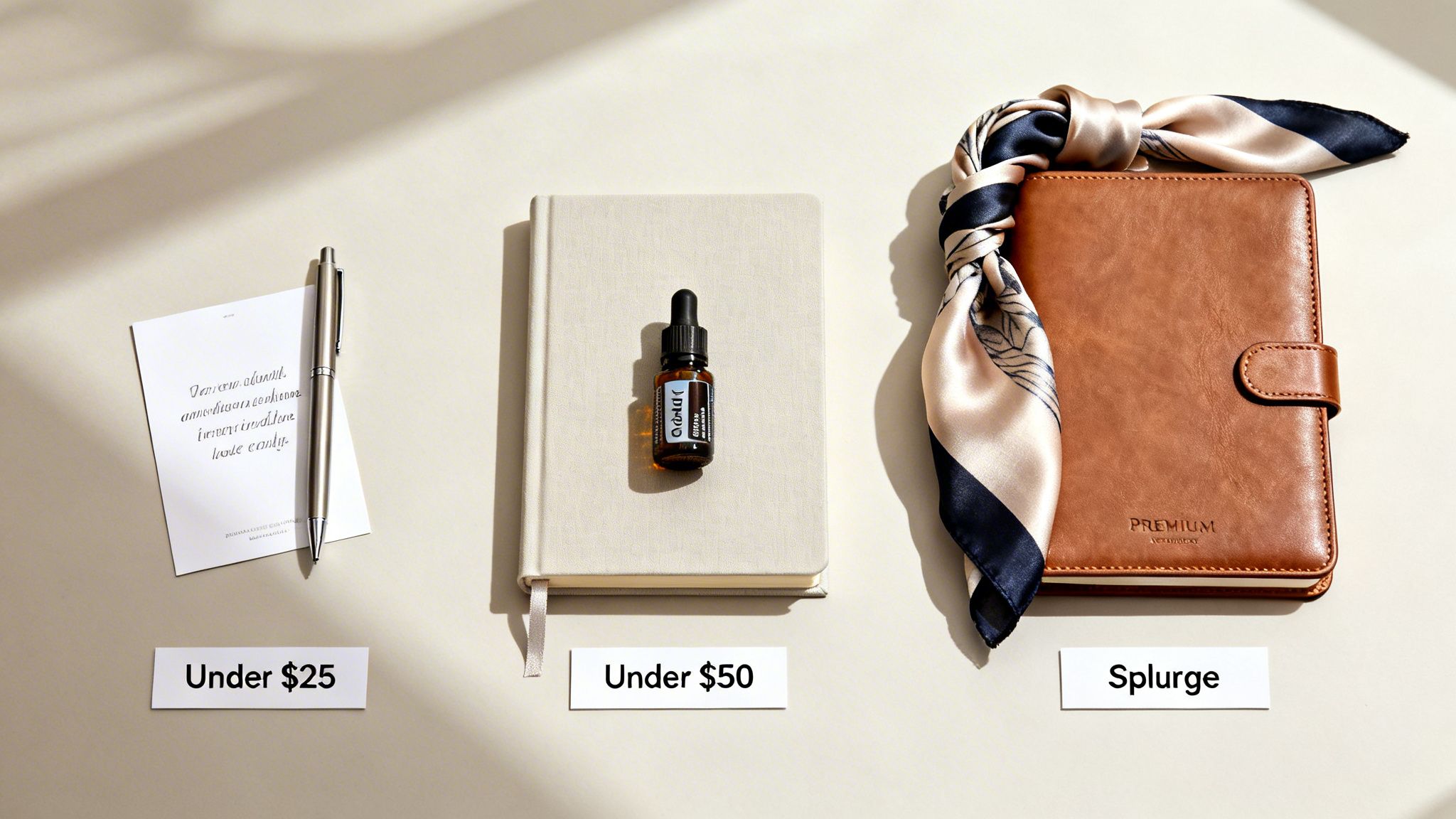 Stylish wellness gift ideas for her, categorized by price: under $25, under $50, and splurge.