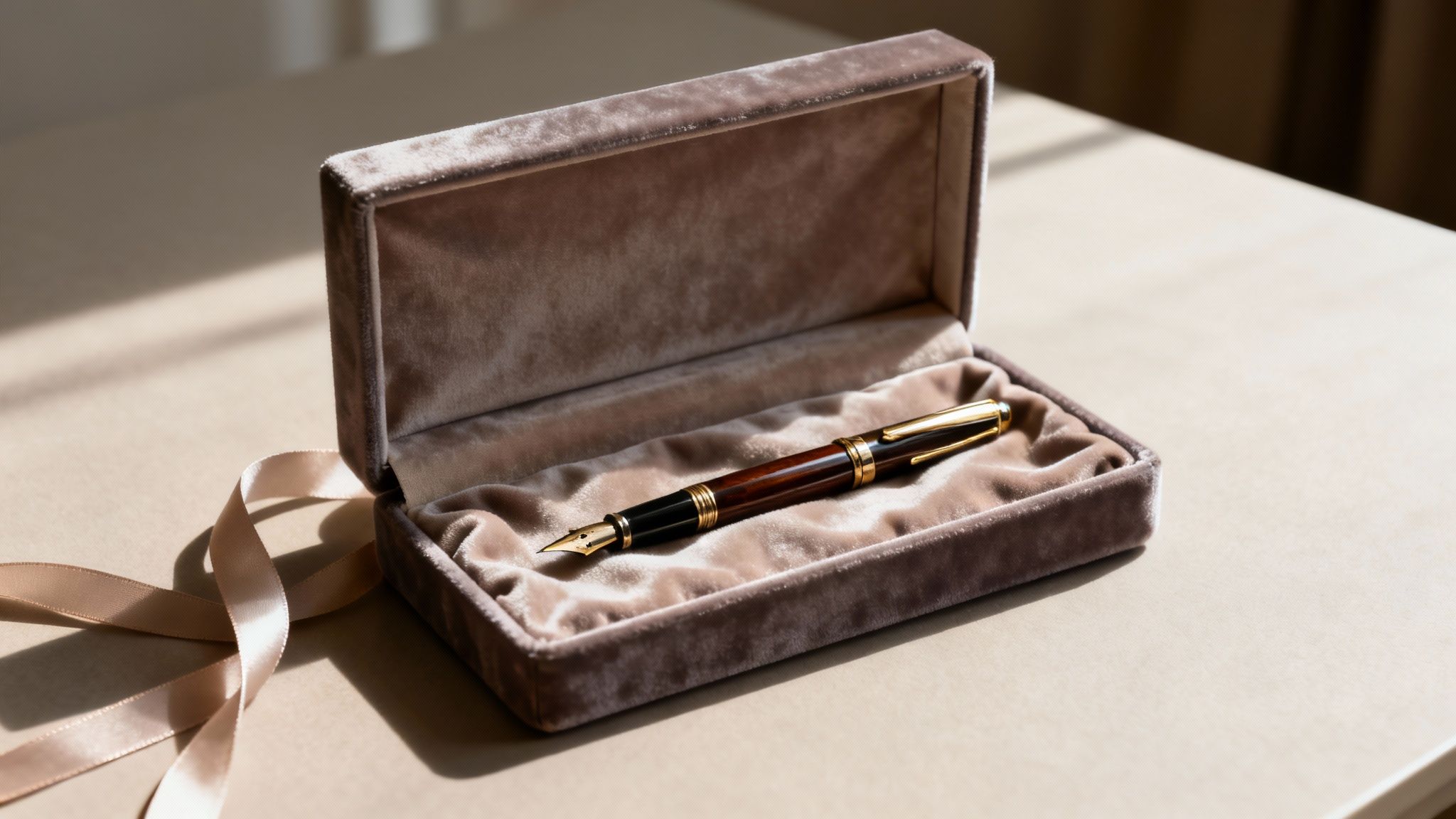 A luxurious fountain pen with a gold nib rests in an open velvet gift box on a table.