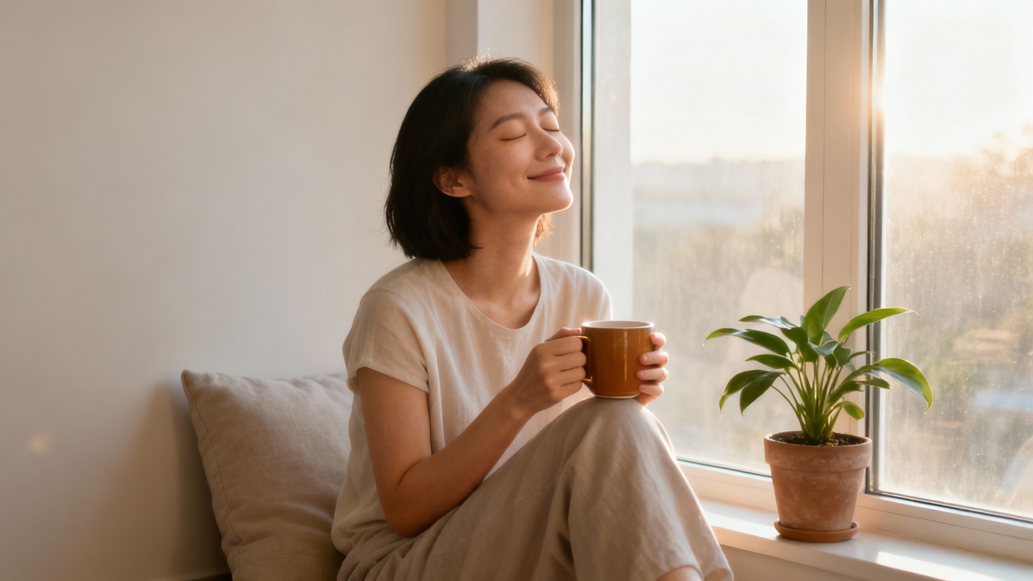 A smiling woman relaxing by a sunlit window, holding a mug and eyes closed.
