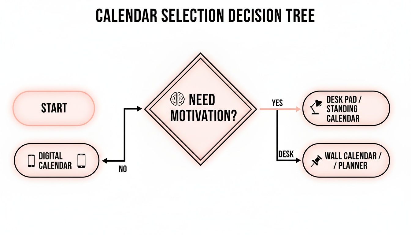 A decision tree diagram for selecting a calendar type based on need for motivation.