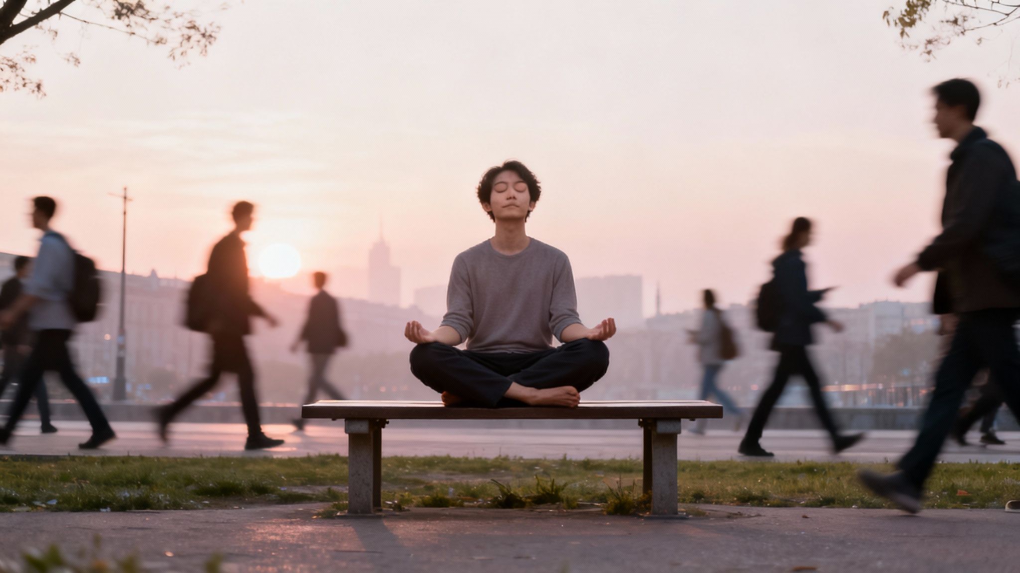 A person meditates peacefully on a bench in a blurred, busy city park at sunset.