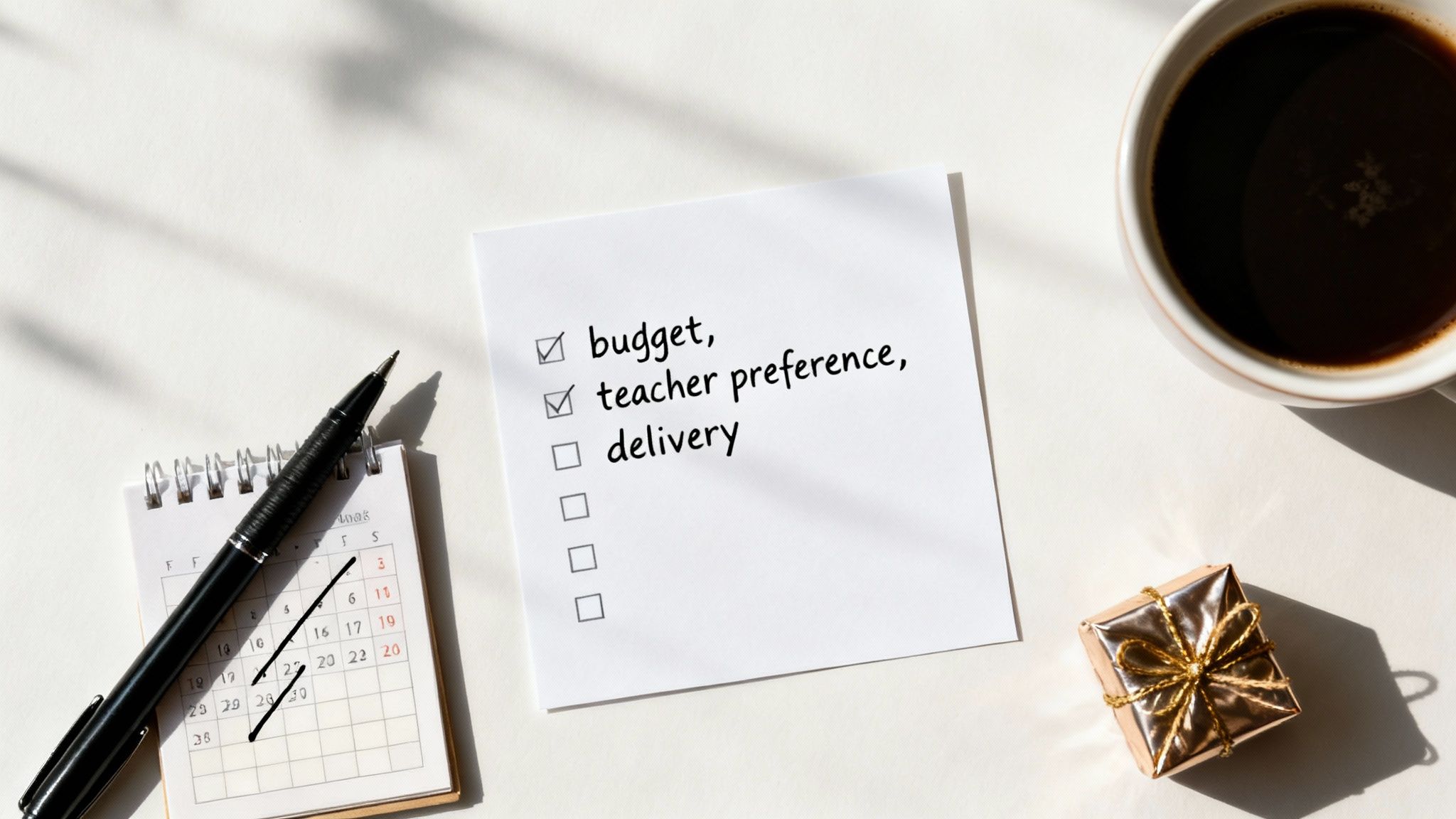 A flat lay shows a checklist for teacher Christmas gift ideas, with budget and preference checked.