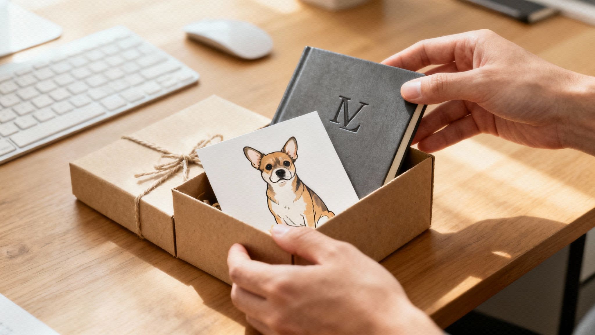 Hands placing a grey notebook and a dog card into a thoughtful gift box on a wooden desk.