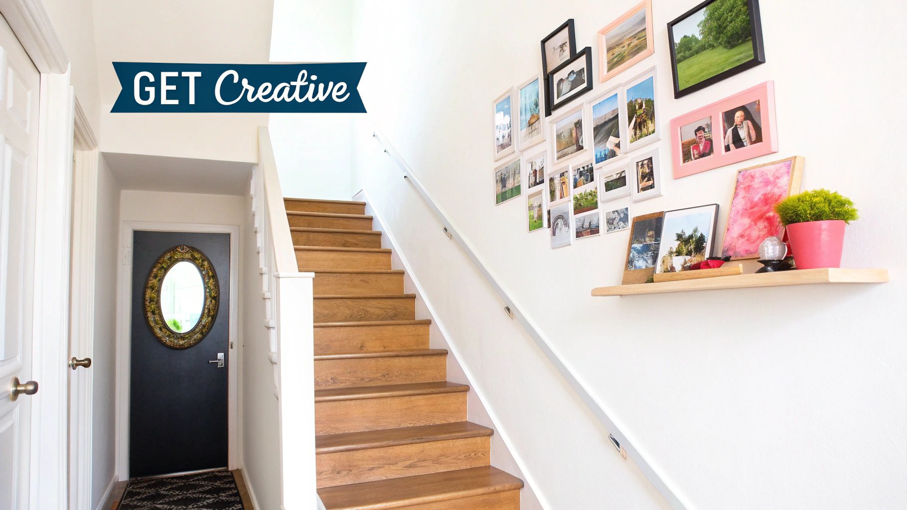 A creative gallery wall arrangement ascending a staircase, with mixed media including photos, mirrors, and small art pieces.