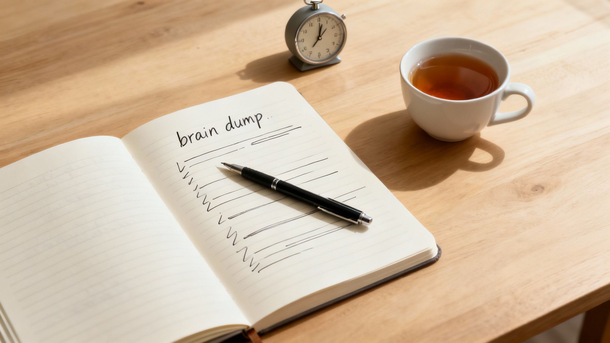 Open notebook with brain dump checklist, pen, tea cup and alarm clock on wooden desk