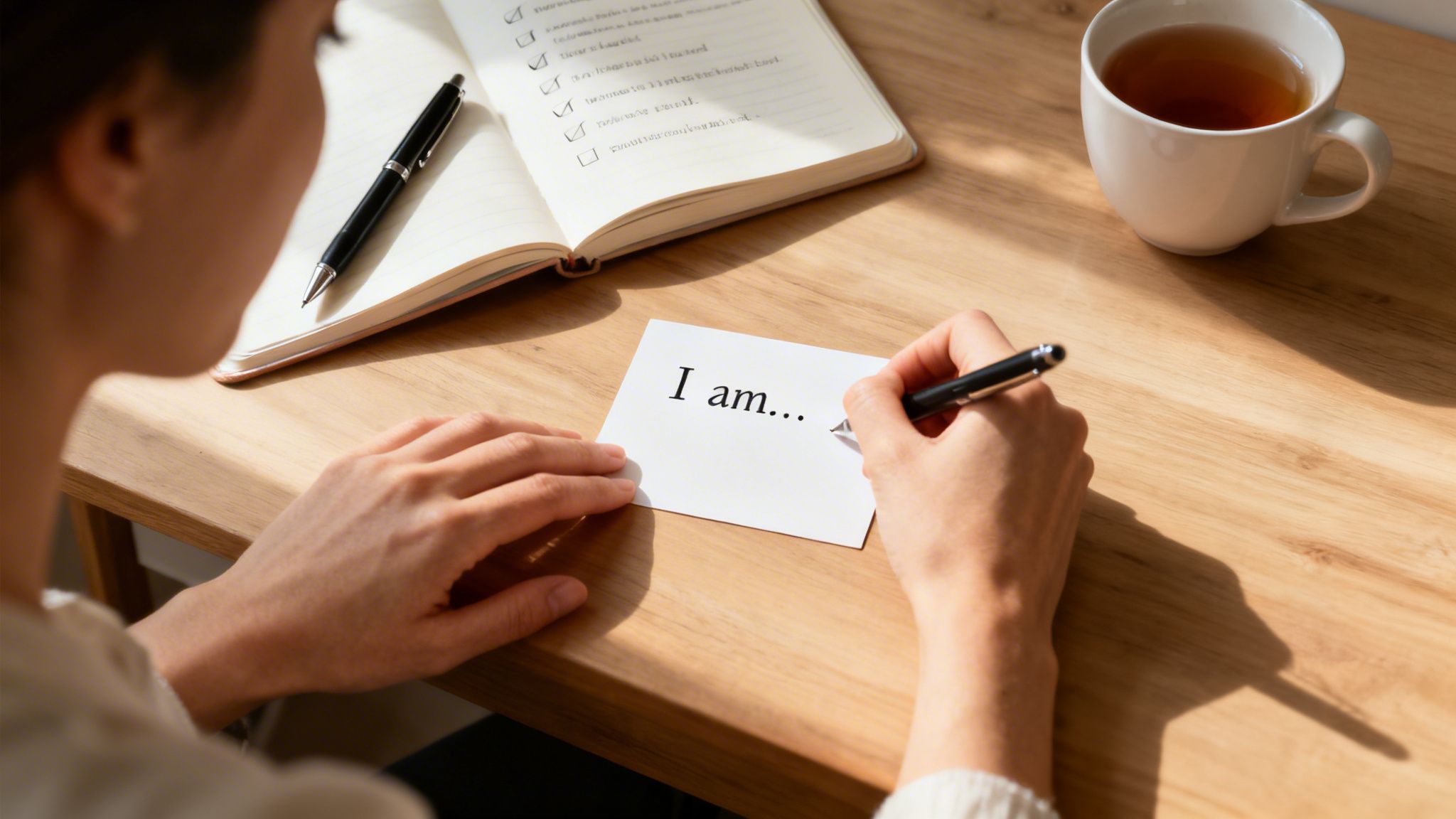 A person writes 'I am...' on an affirmation card at a wooden desk with a notebook and tea.