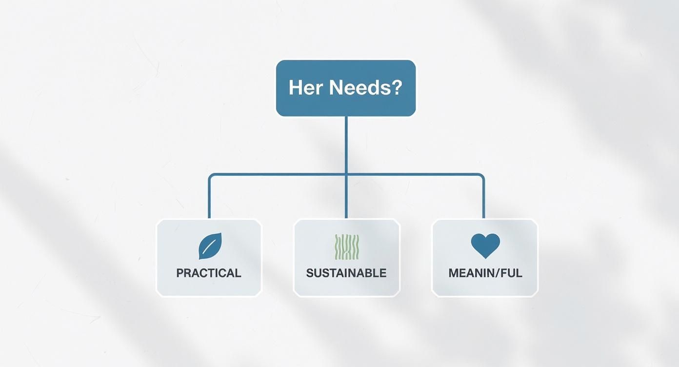 Flowchart showing three categories of needs: practical, sustainable, and meaningful for thoughtful gift selection