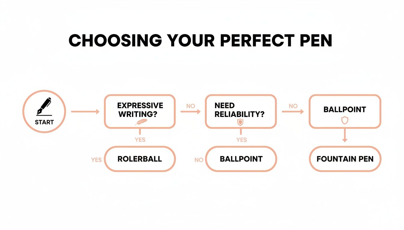 A flowchart guiding pen selection based on expressive writing and reliability, offering rollerball, ballpoint, or fountain pens.