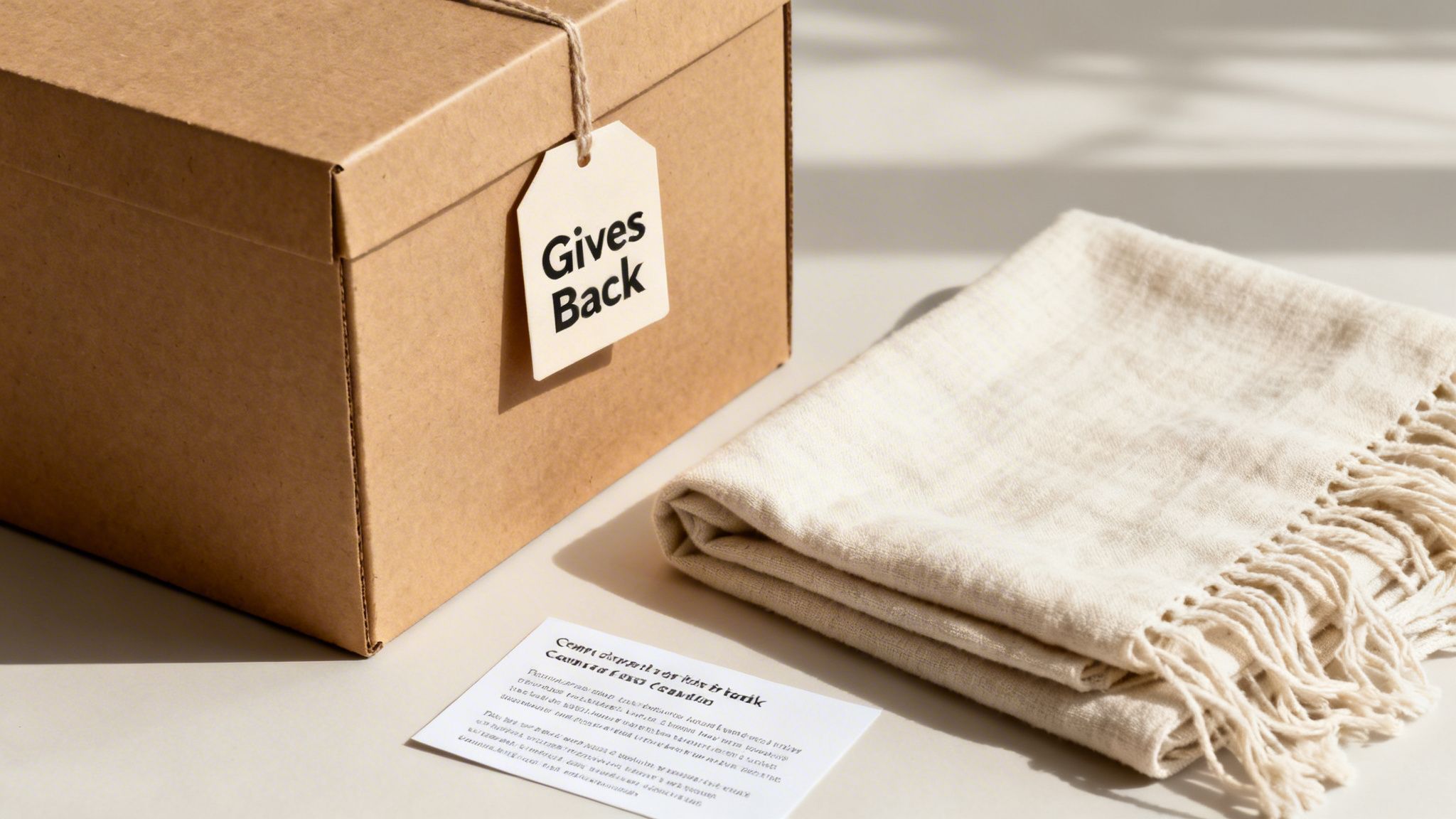 A brown cardboard gift box with a 'Gives Back' tag next to a folded cream fringed blanket.