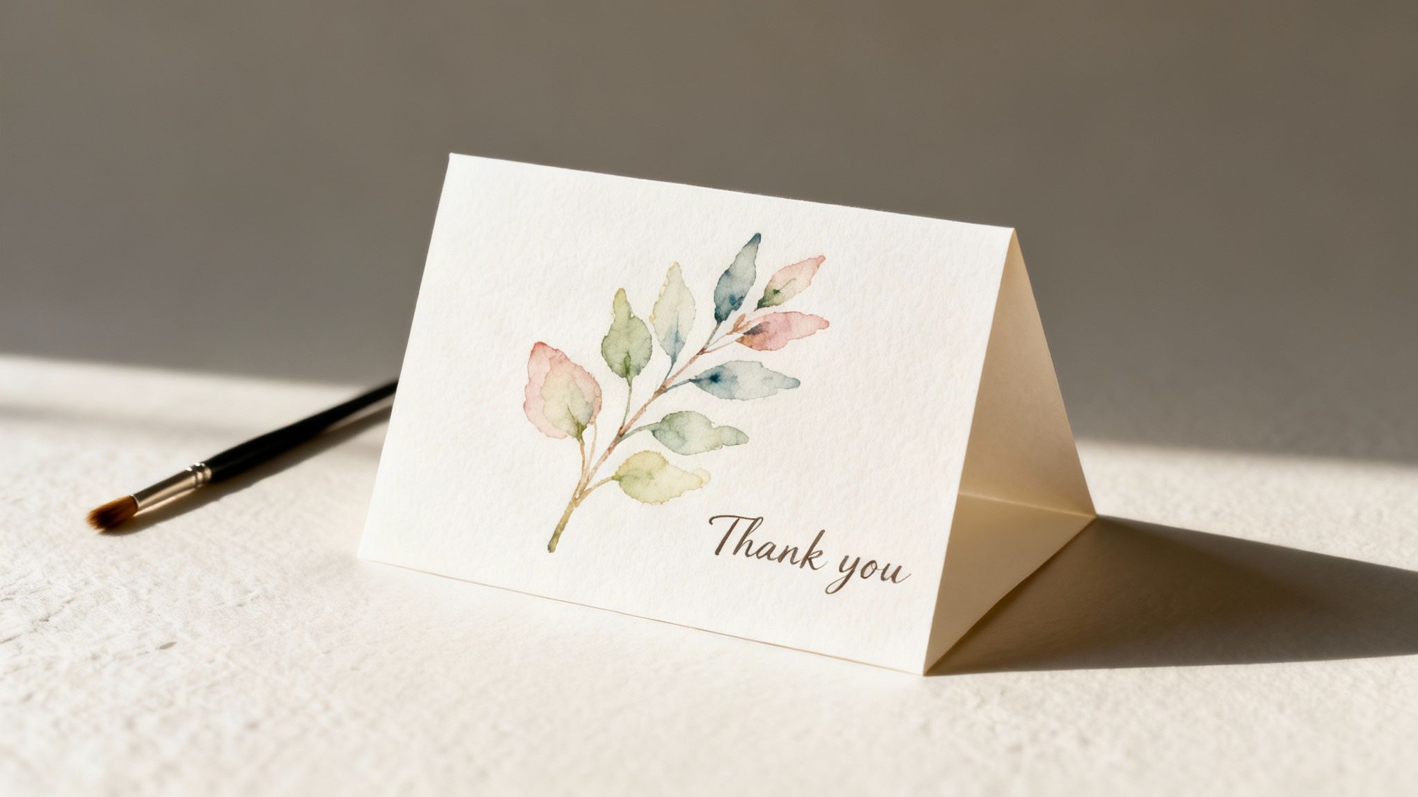 A watercolor thank you card with colorful leaves and a brush on a sunlit textured surface.