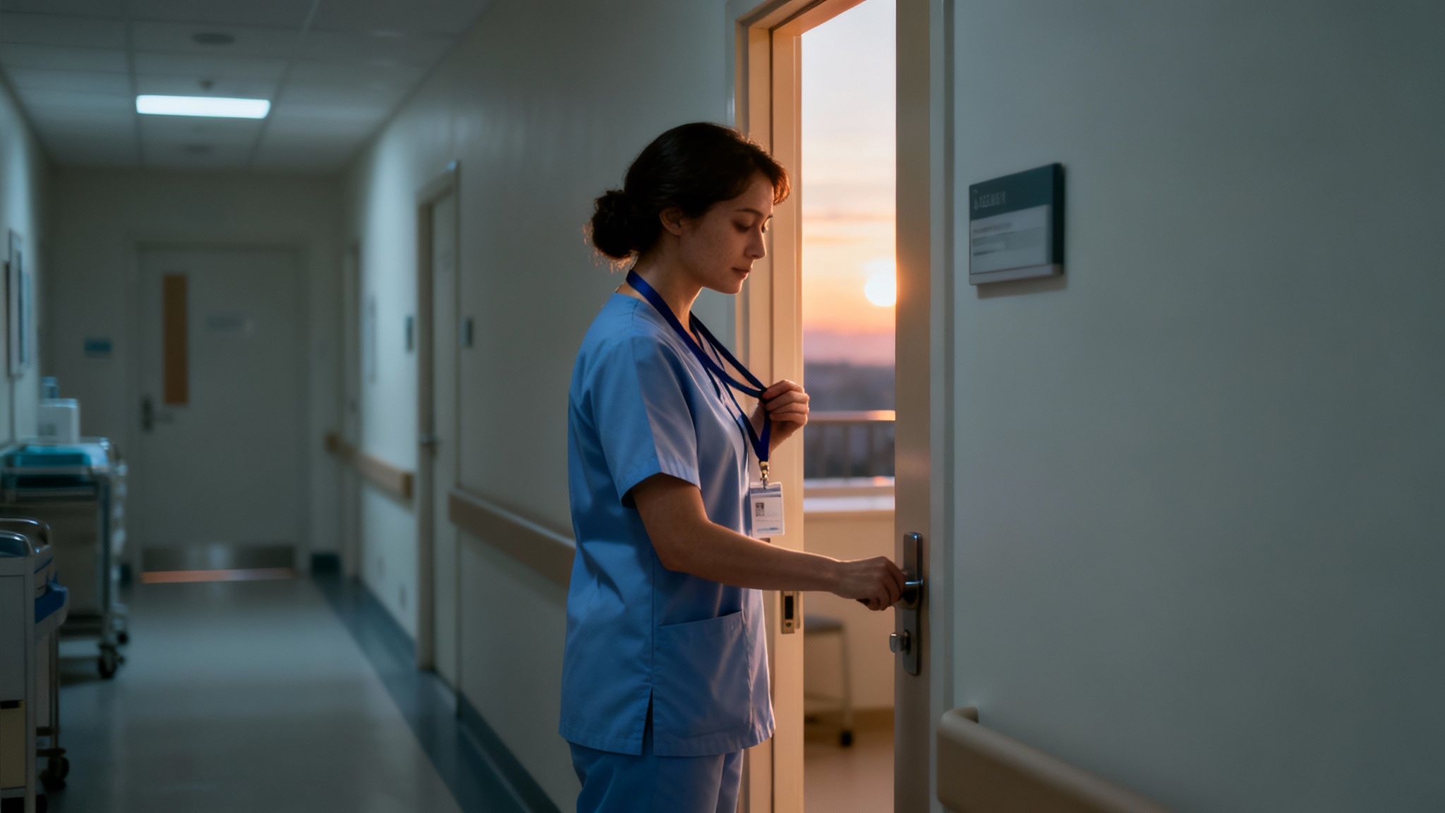 A thoughtful nurse in blue scrubs stands by a hospital door, illuminated by a sunset.