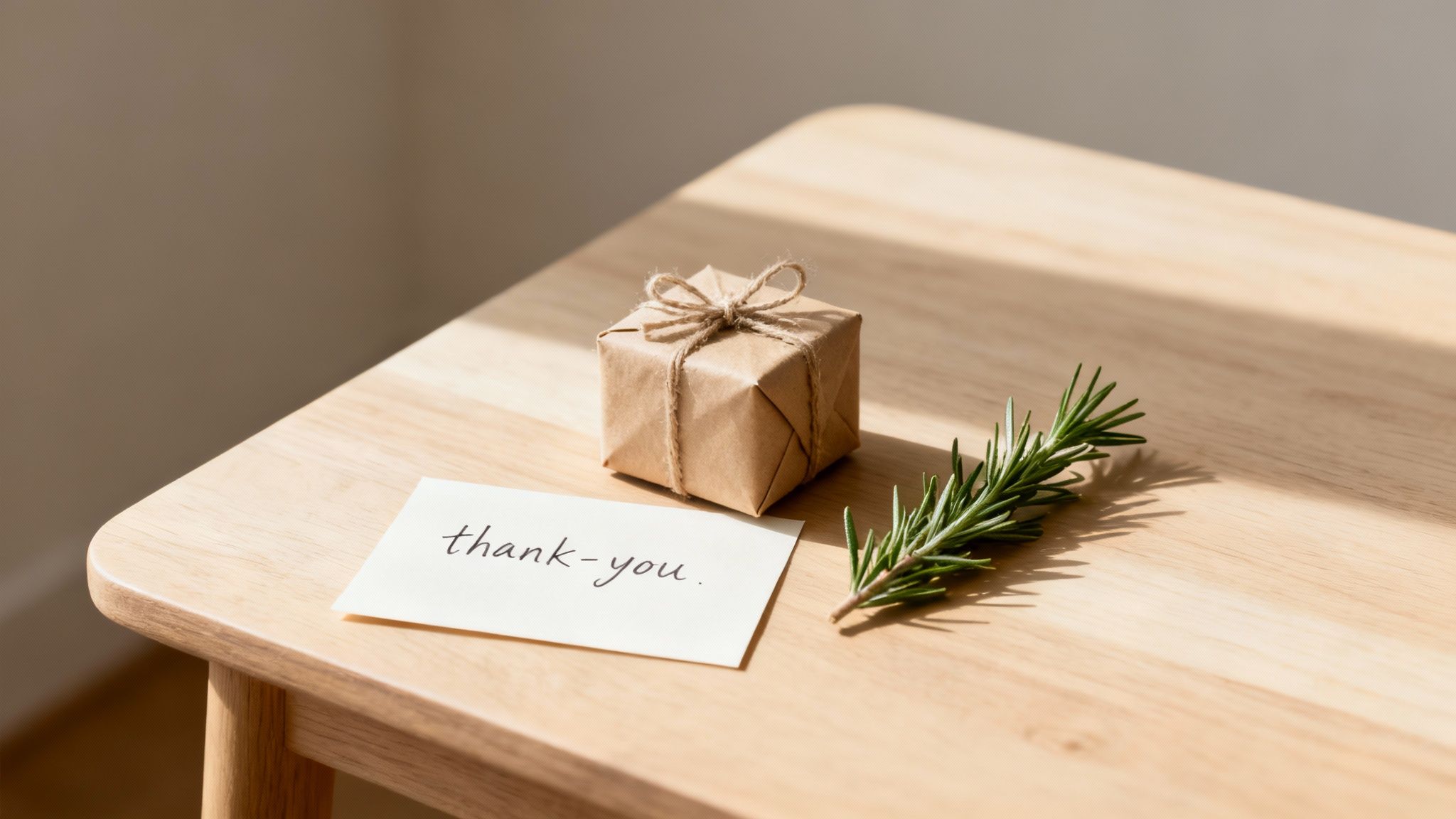 A small brown paper gift, a 'thank-you' note, and rosemary sprig on a wooden table.