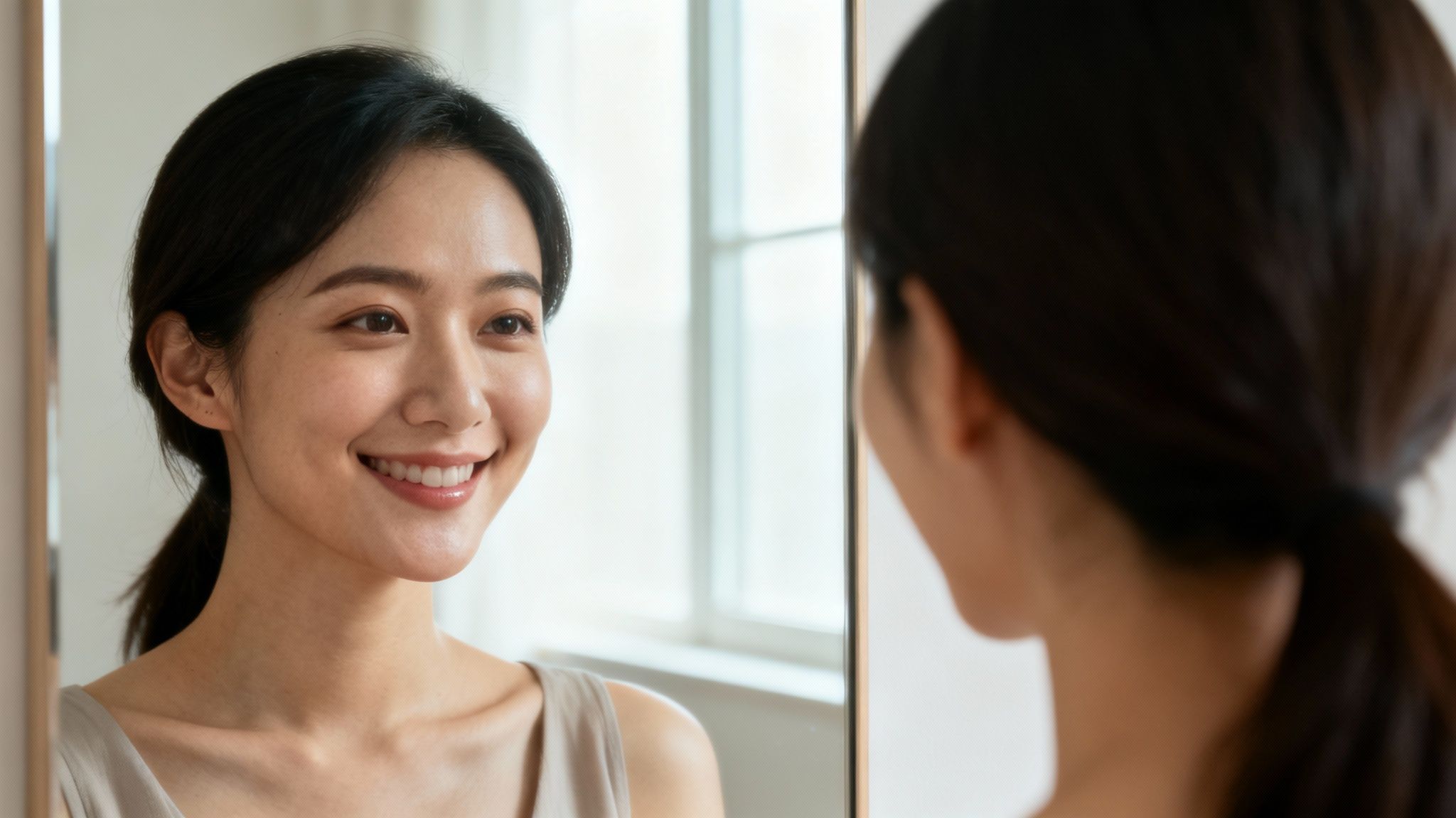 A happy young Asian woman smiling at her reflection in a bright mirror.