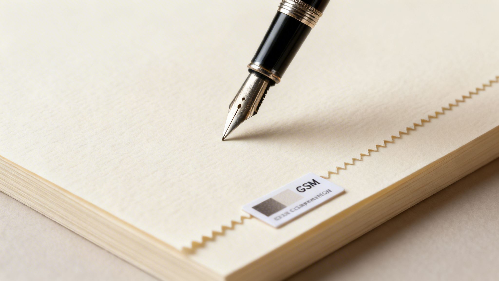 Close-up of a vintage fountain pen nib poised over textured cream paper with a GSM label and zigzag edge.