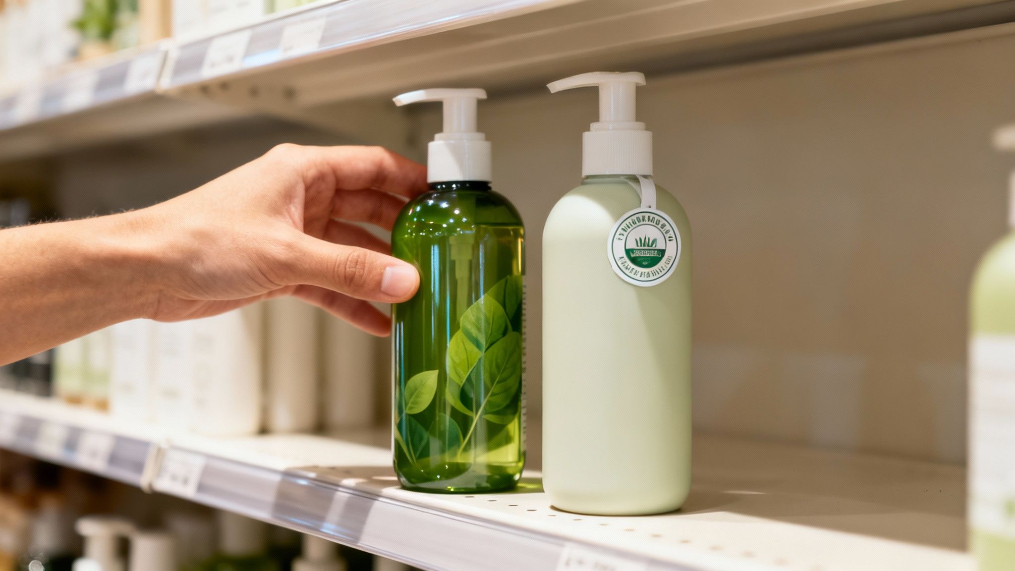 A hand reaches for a natural green liquid soap bottle with leaves on a store shelf.