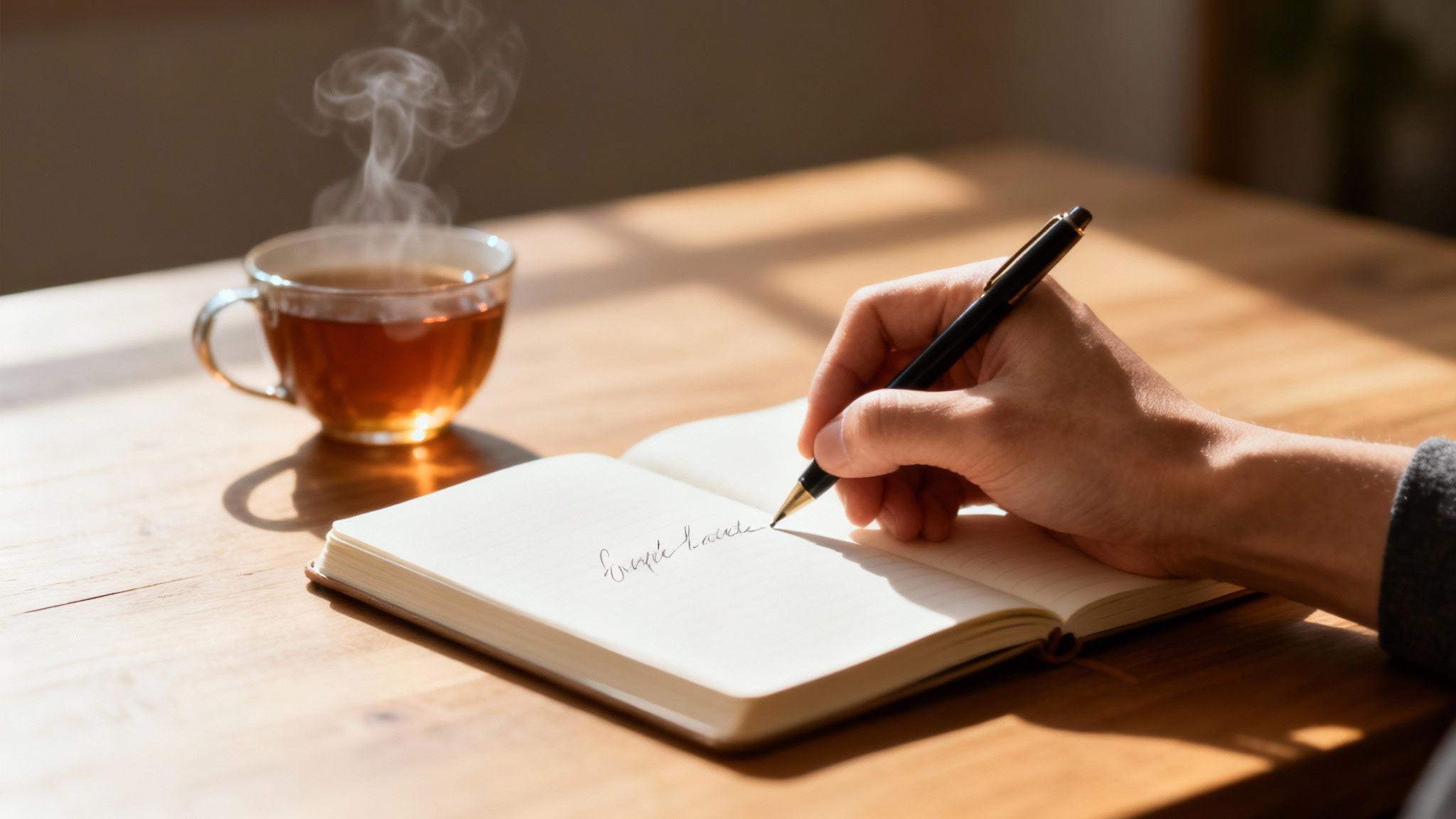 A hand writes in a journal with a pen, next to a steaming cup of tea.