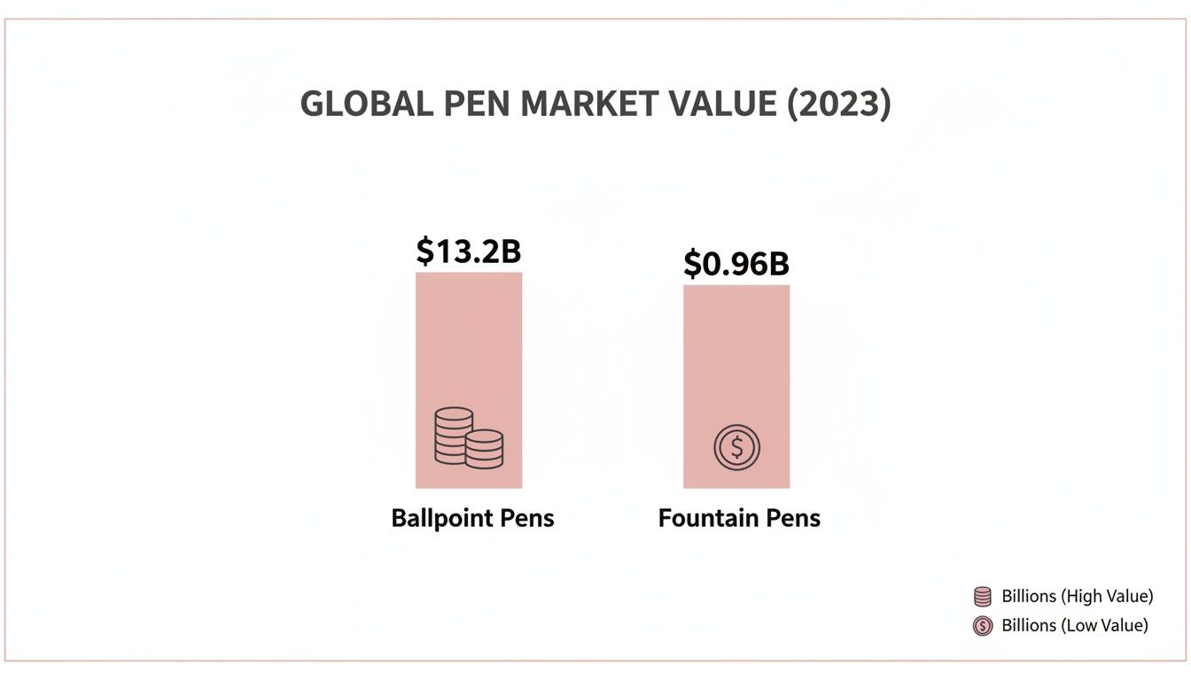 Chart showing global pen market value in 2023, with ballpoint pens at $13.2B and fountain pens at $0.96B.