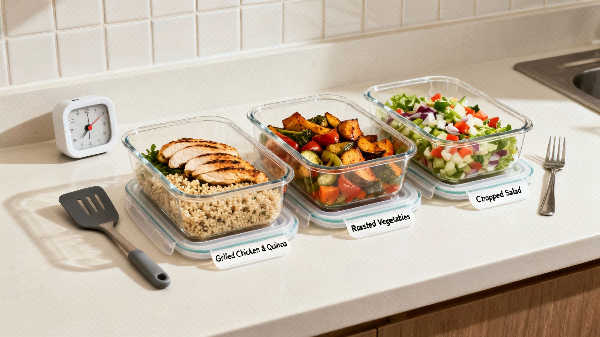 Three glass meal prep containers filled with healthy meals including chicken, quinoa, roasted vegetables, and salad.