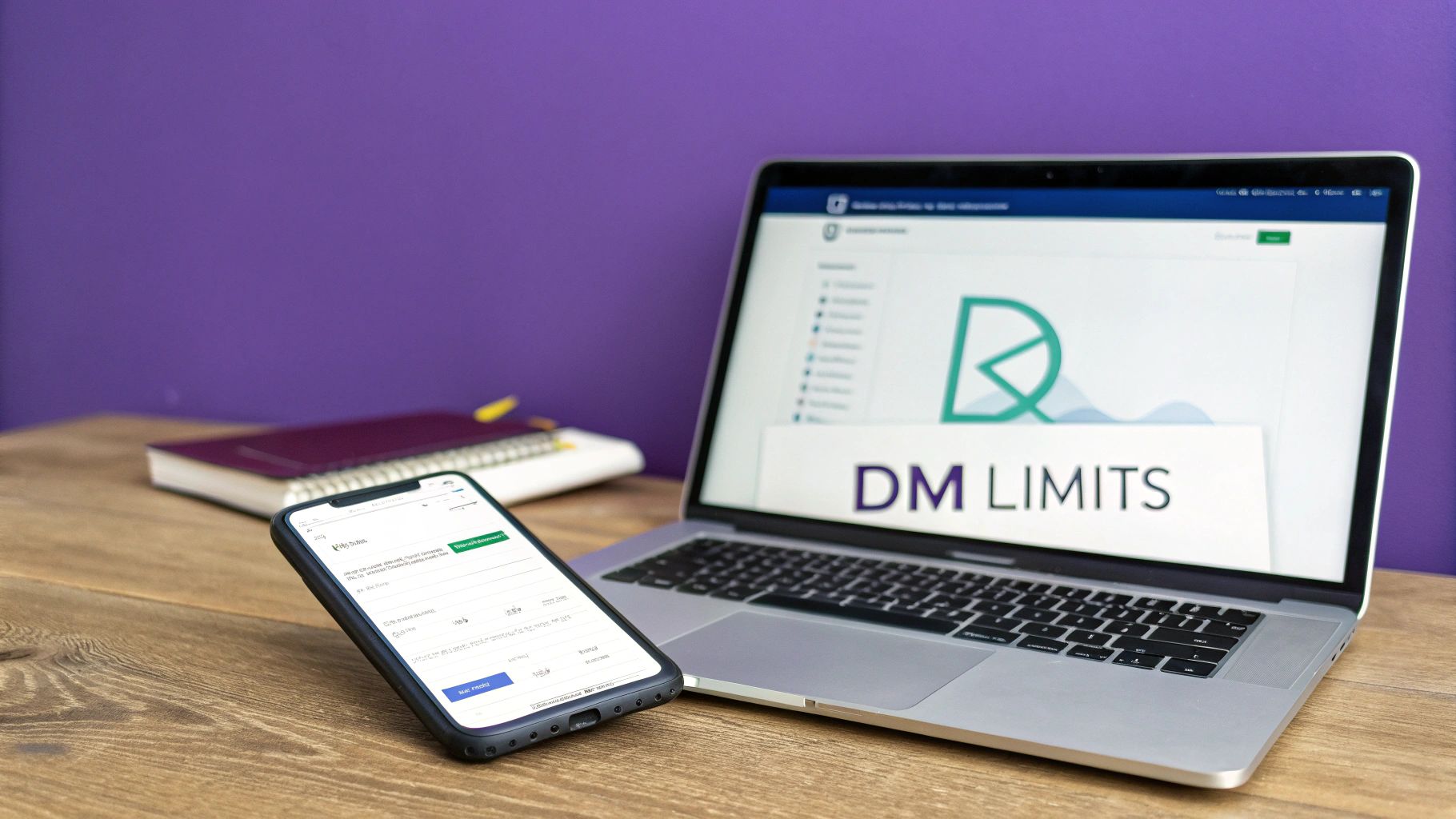 Laptop and smartphone displaying DM Limits dashboard for managing Twitter direct message restrictions