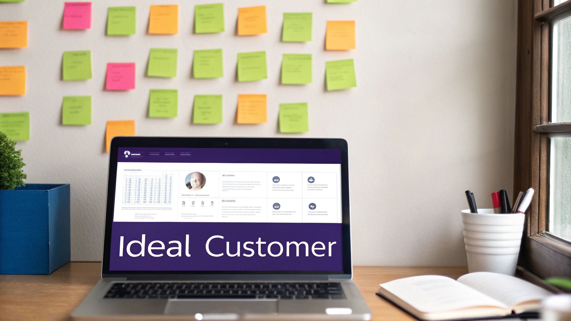 Laptop displaying 'Ideal Customer' profile on a desk with sticky notes and an open notebook.