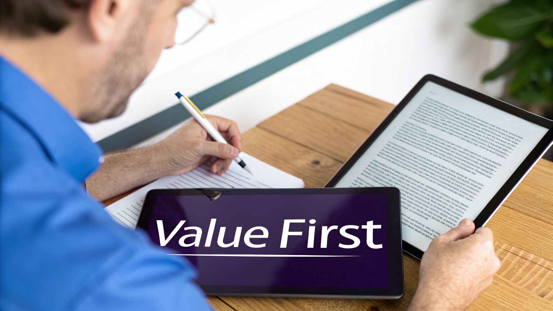 Man in blue shirt writing notes from an e-reader next to a tablet displaying 'Value First'.