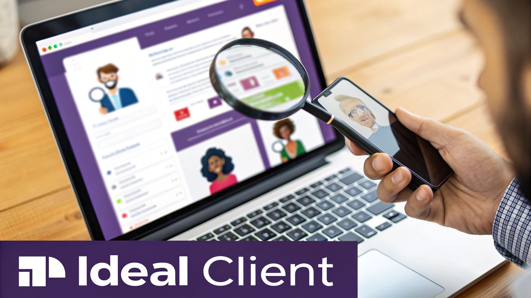 A hand uses a magnifying glass over a smartphone to find an ideal client on a laptop.