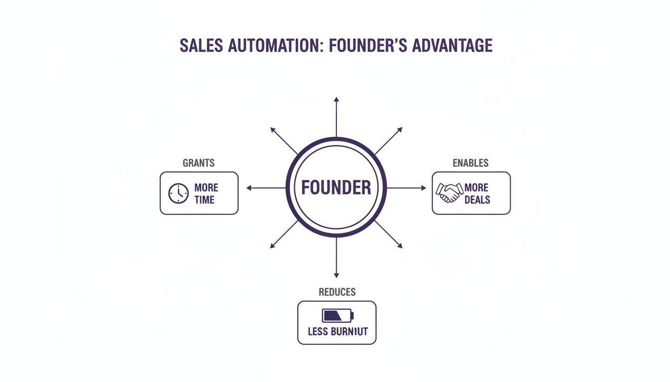 A diagram illustrating the advantages of sales automation for founders, including more time, more deals, and less burnout.