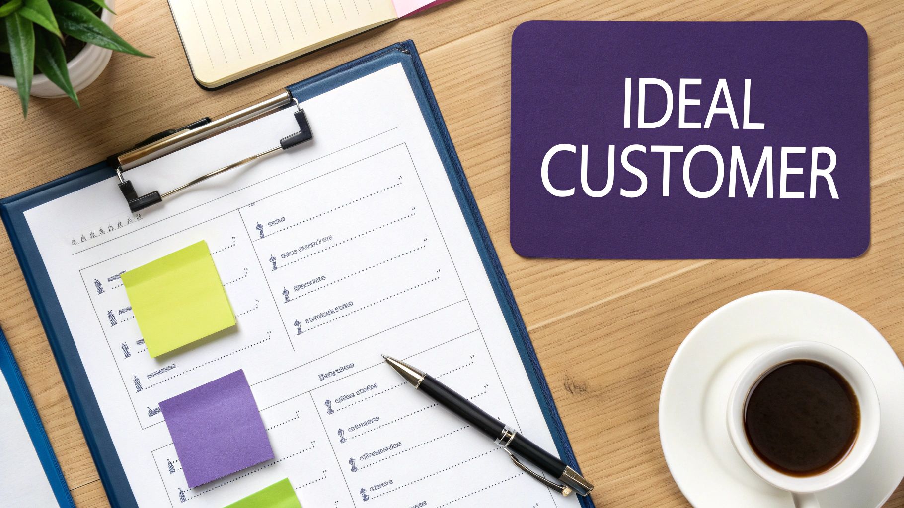 Flat lay of a desk with a clipboard, sticky notes, a pen, coffee, and an 'IDEAL CUSTOMER' card.