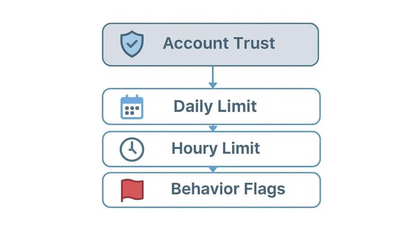 Hierarchical diagram showing account trust flowing down through daily limit, hourly limit, and behavior flags security layers