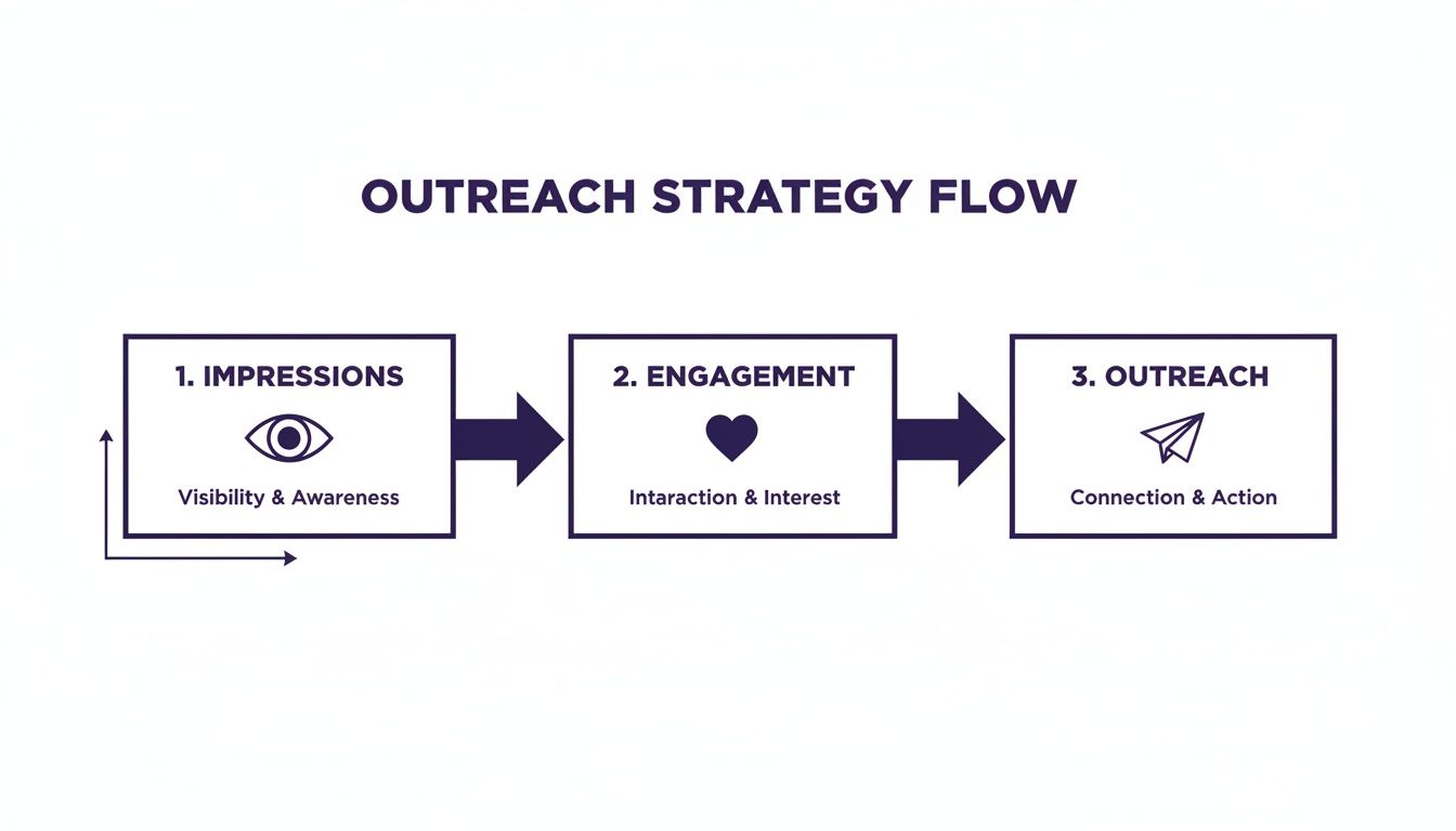 Flowchart illustrating an outreach strategy with steps: Impressions (Visibility), Engagement (Interaction), and Outreach (Connection).