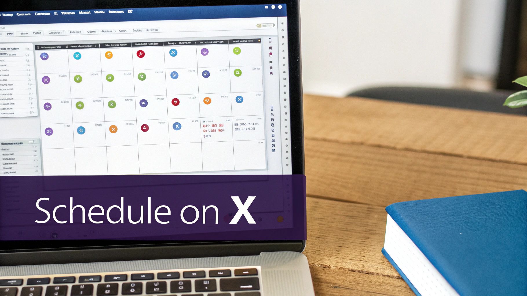 A laptop displaying a scheduling application with a calendar grid and colorful icons, next to a blue notebook on a wooden desk.