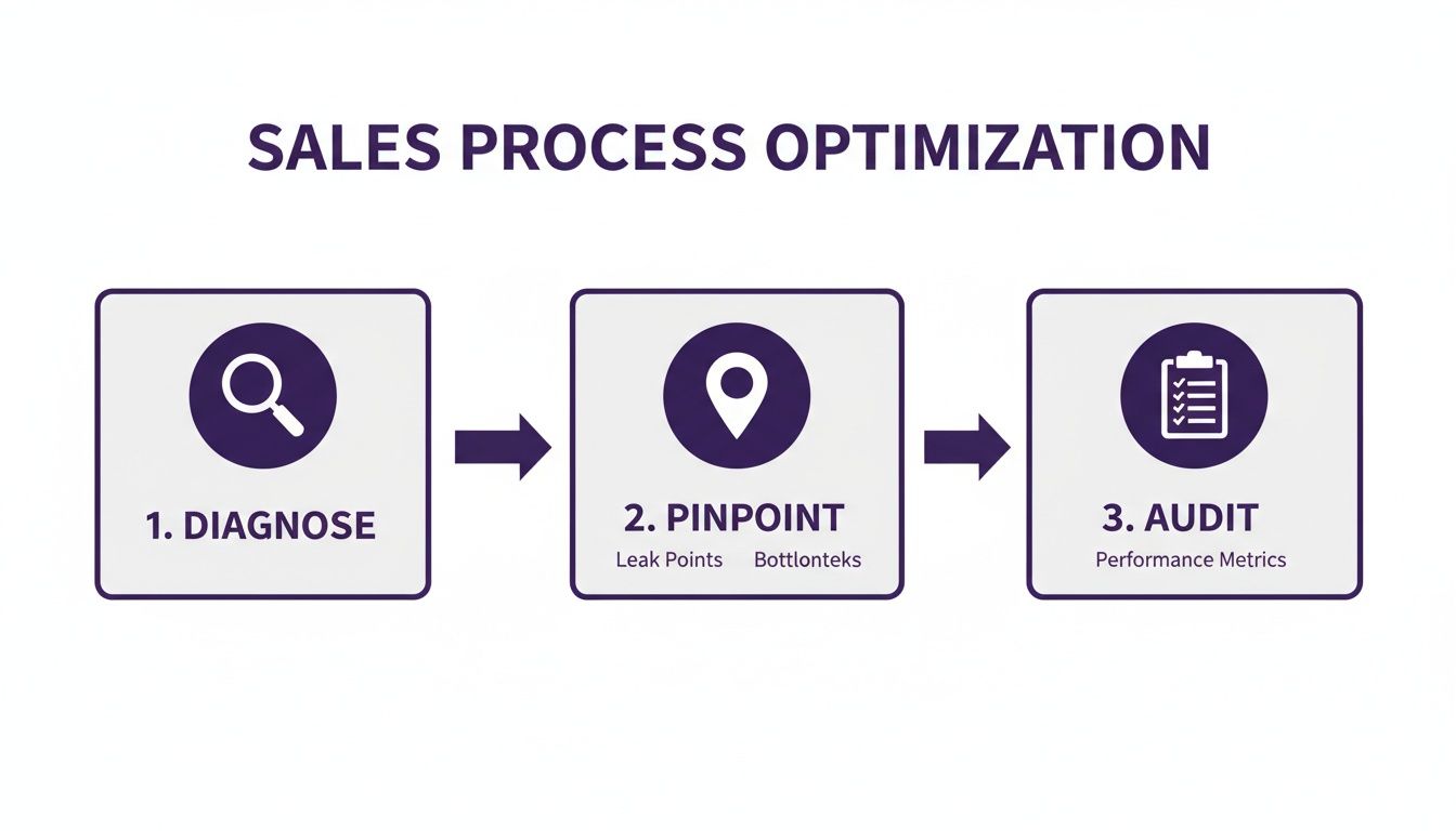 A three-step diagram outlining sales process optimization: diagnose, pinpoint leak points, and audit performance metrics.