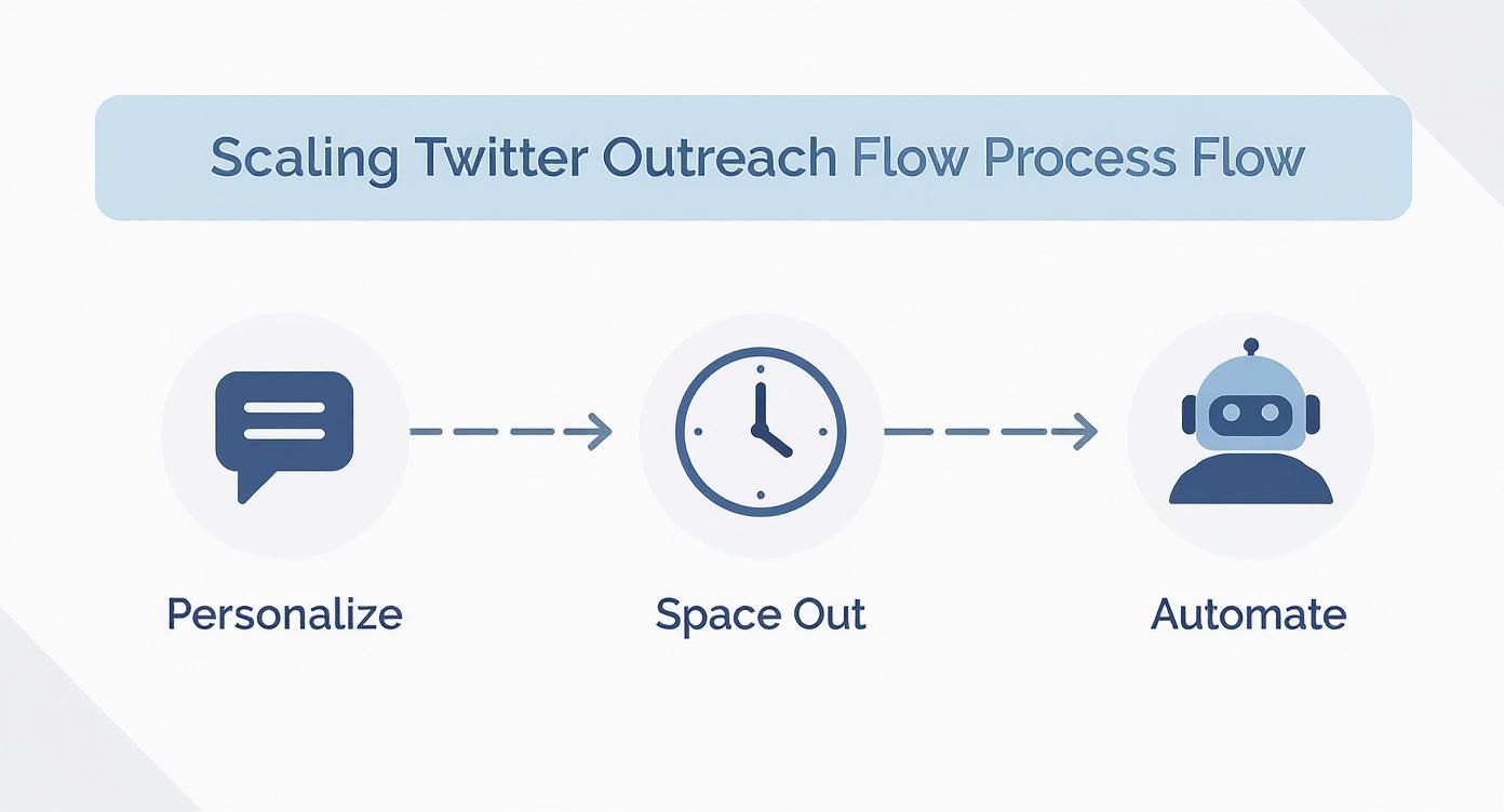 An infographic showing the process flow for scaling Twitter outreach, with steps for Personalize, Space Out, and Automate.