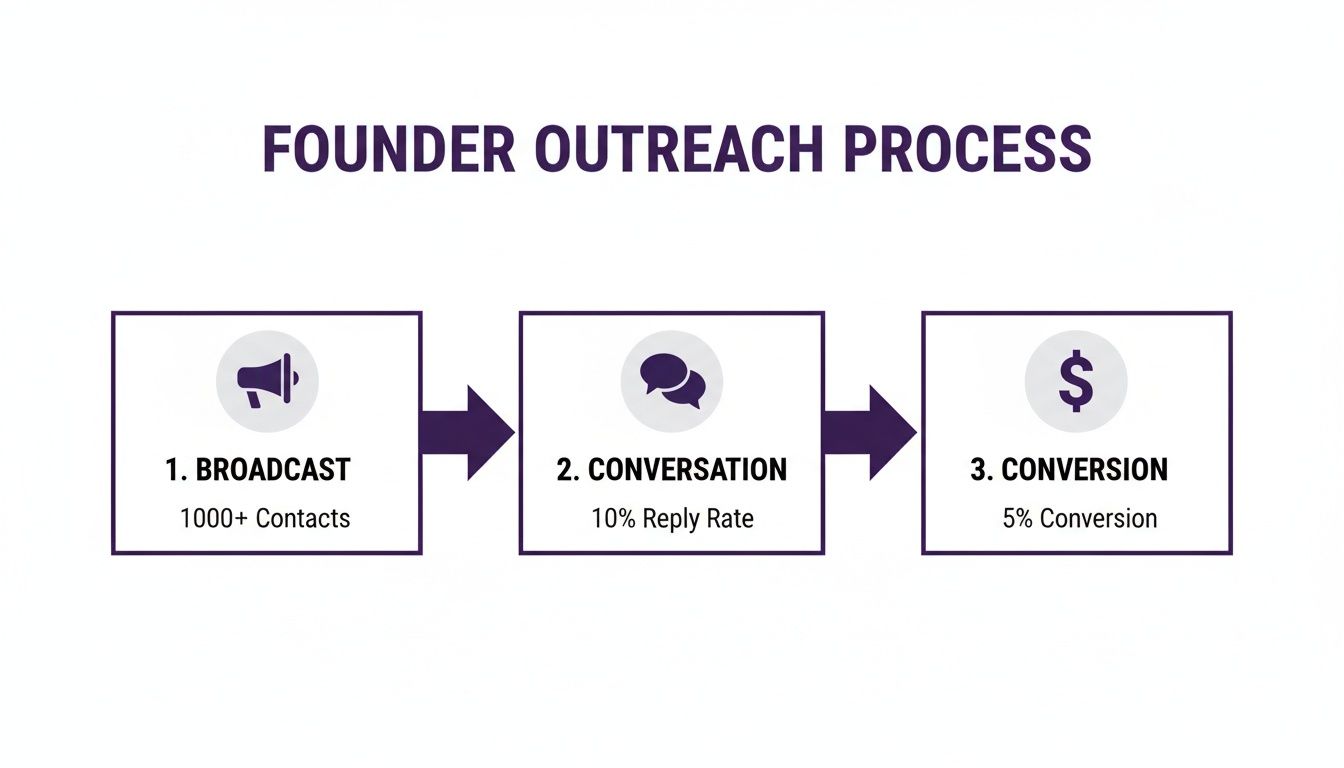 Infographic showing a three-step founder outreach process: Broadcast, Conversation, and Conversion, with metrics.