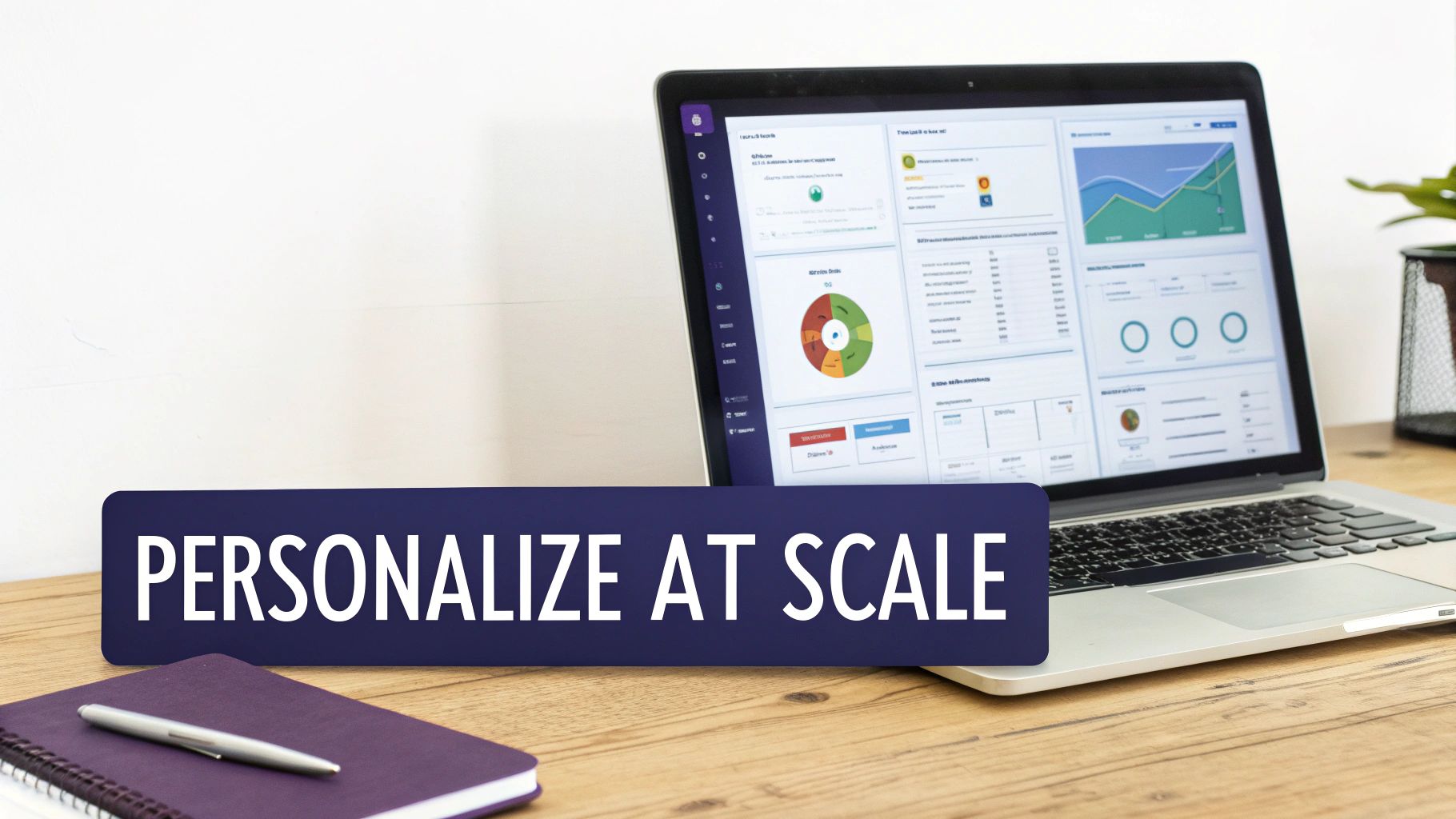 A laptop showing a data dashboard with charts, next to a sign 'Personalize at Scale'.