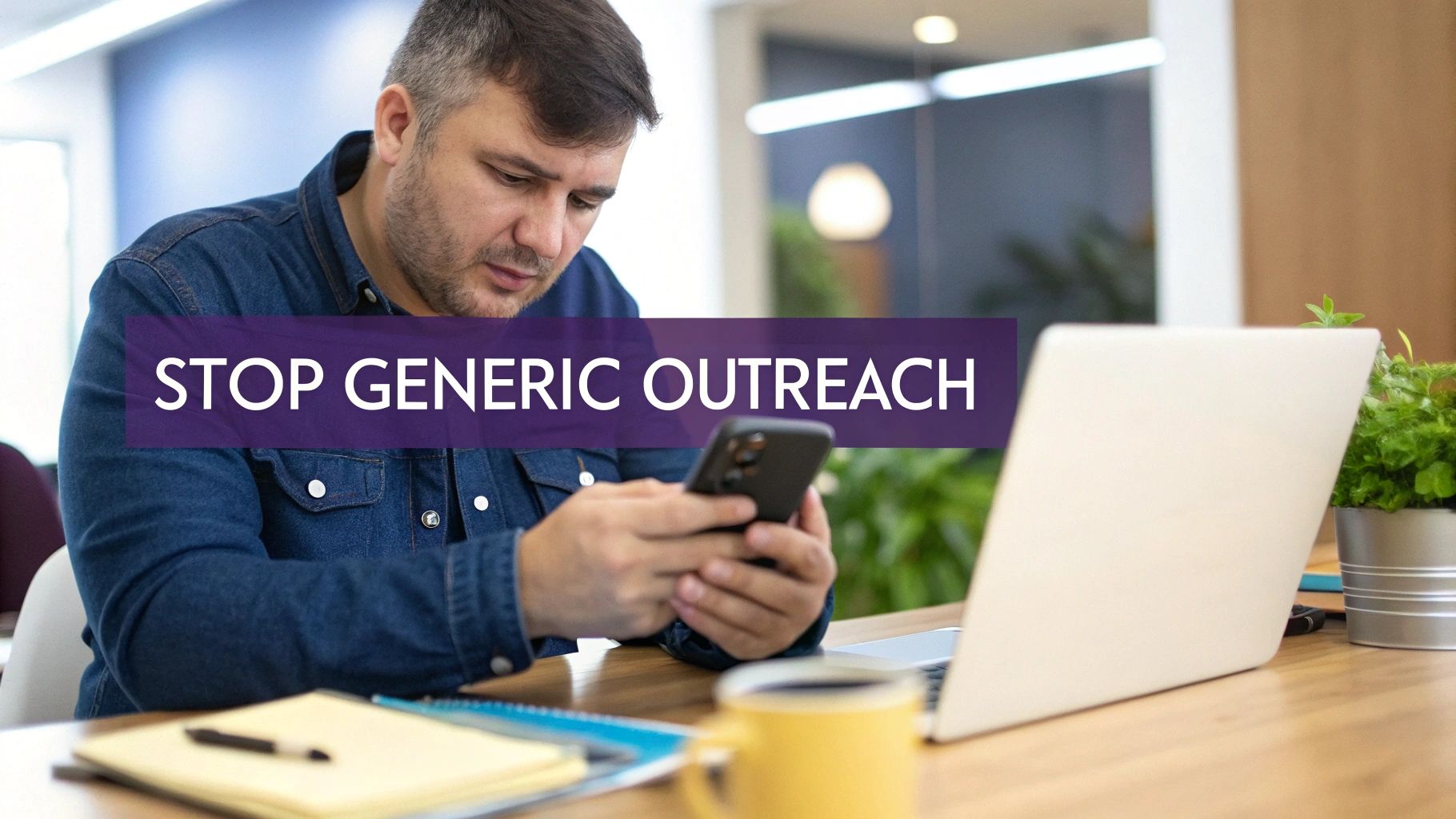 A man uses his smartphone at a desk with a laptop, coffee, and text overlay: "STOP GENERIC OUTREACH".