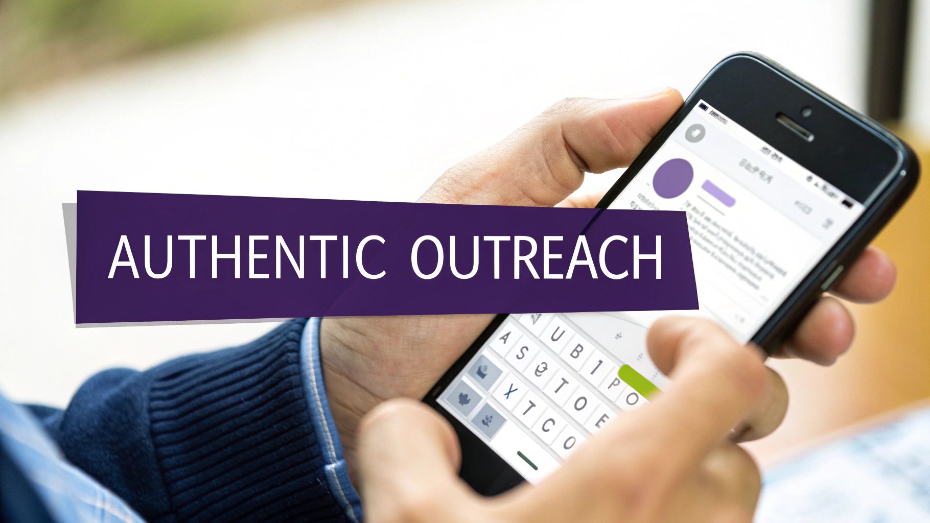 A person types on a smartphone with a banner reading 'Authentic Outreach' for digital engagement.